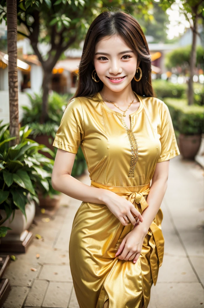 beautiful detail, best quality, 8k, highly detailed face and skin texture, high resolution, cute asian girl in thai traditional gold dress with smile at street, full body, sharp focus