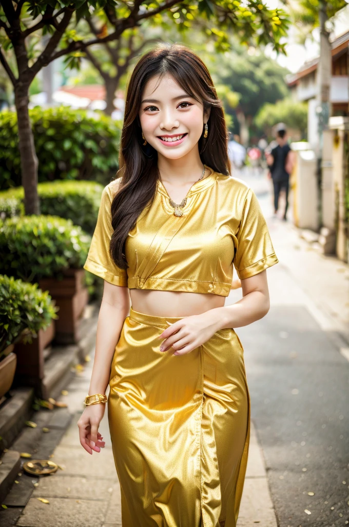 beautiful detail, best quality, 8k, highly detailed face and skin texture, high resolution, cute asian girl in thai traditional gold dress with smile at street, full body, sharp focus