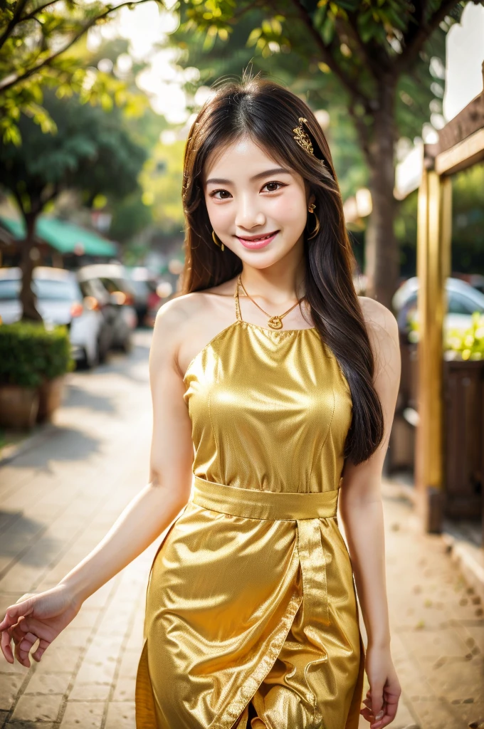 beautiful detail, best quality, 8k, highly detailed face and skin texture, high resolution, cute asian girl in thai traditional gold dress with smile at street, full body, sharp focus