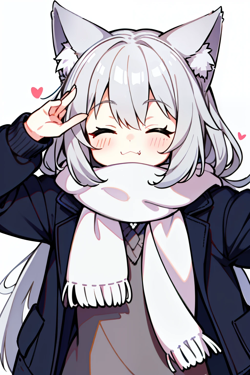 Masterpiece, Excellent, 1girl, gray hair, medium long hair, cat ears, closed eyes, looking at the audience, :3, cute, scarf, jacket, white background, fang, high quality, UHD