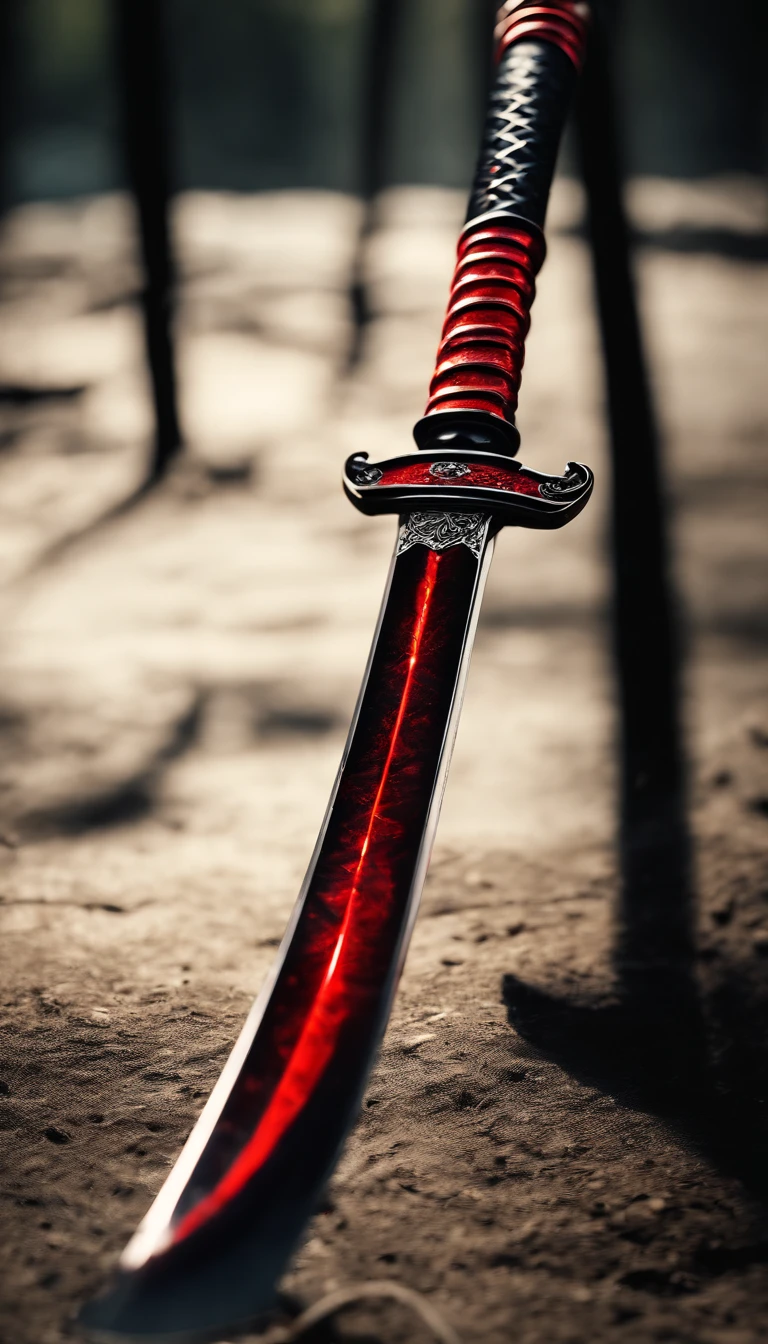 (Outstanding、Professional、Surreal)、Detailed black red Japanese katana, Metallic magical texture, Lying on the ground, full japanes katana.