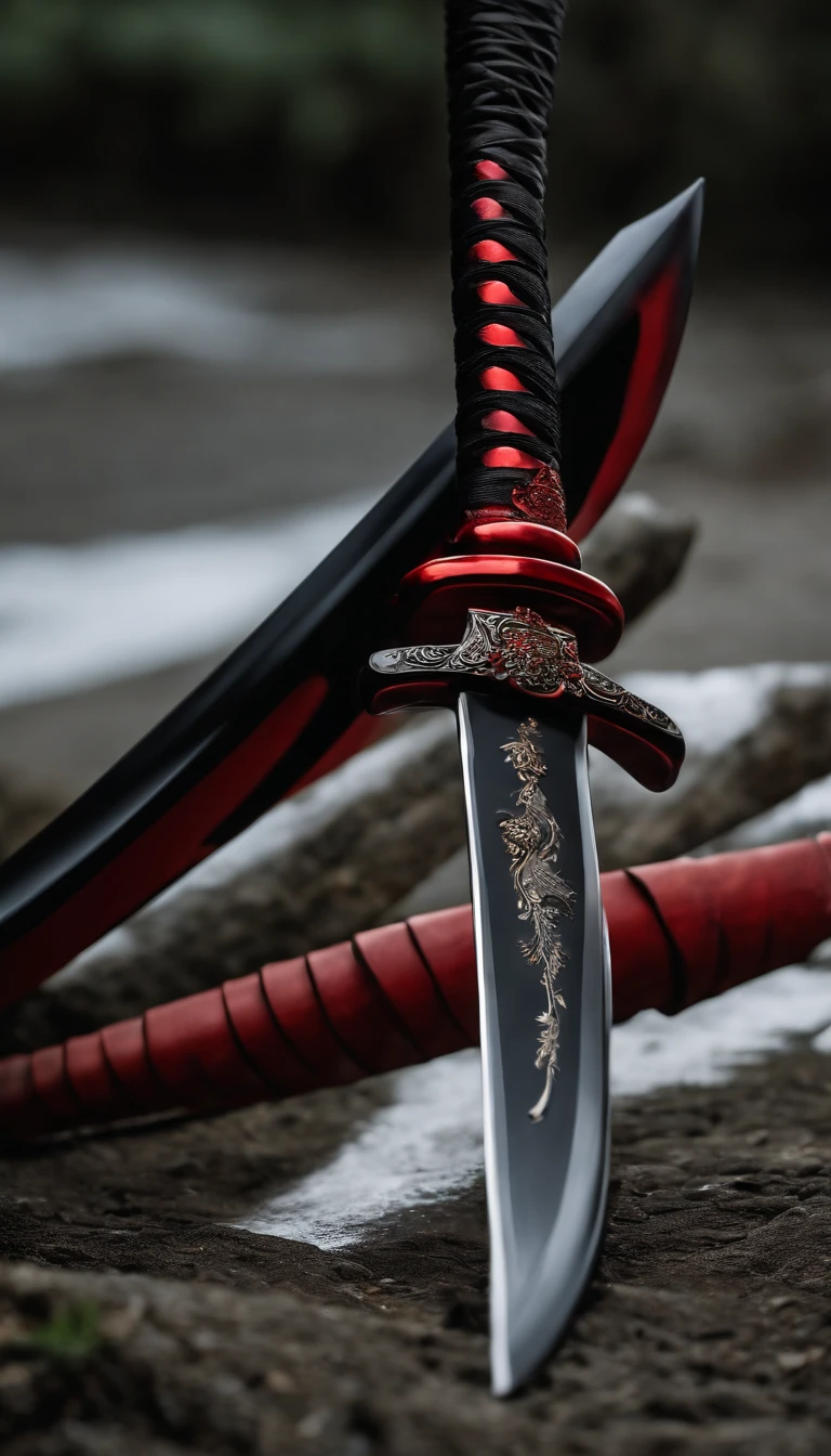 (Outstanding、Professional、Surreal)、Detailed black red Japanese katana, Metallic magical texture, Lying on the ground, full japanes katana. 