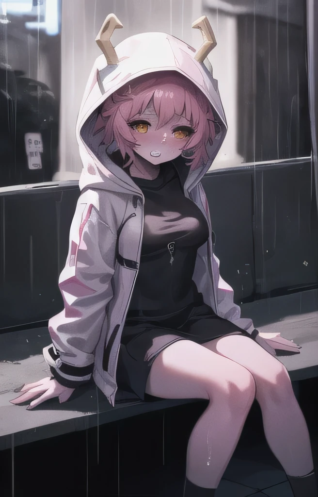 front, 1girl, pink hair, short pink hair, bright pink skin, black sclera, small horns (yellow), medium breasts, bright cyberpunk clothes, large coat with hood up, cybernetic augments, sitting on bench, crying, rain, rain drops, street dystopian atmosphere, night time, neon lights, wet hair, glistening suit, glistening skin, neon lights overhead