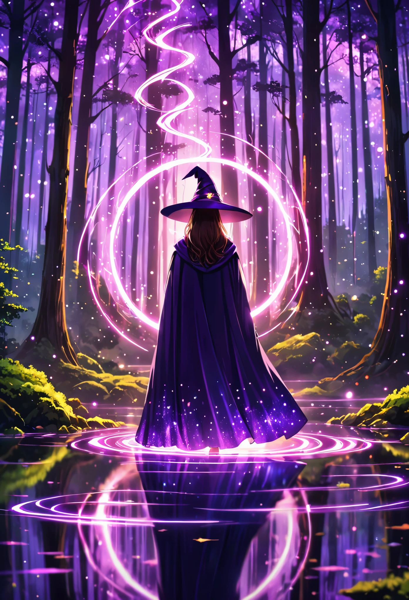Forest background,From the front,,Spiral magic effect on the ground,glowing effect,1 Girl,Purple magic robe,Wizard Hat,curvy pose,Lake,reflection,Comic Style,