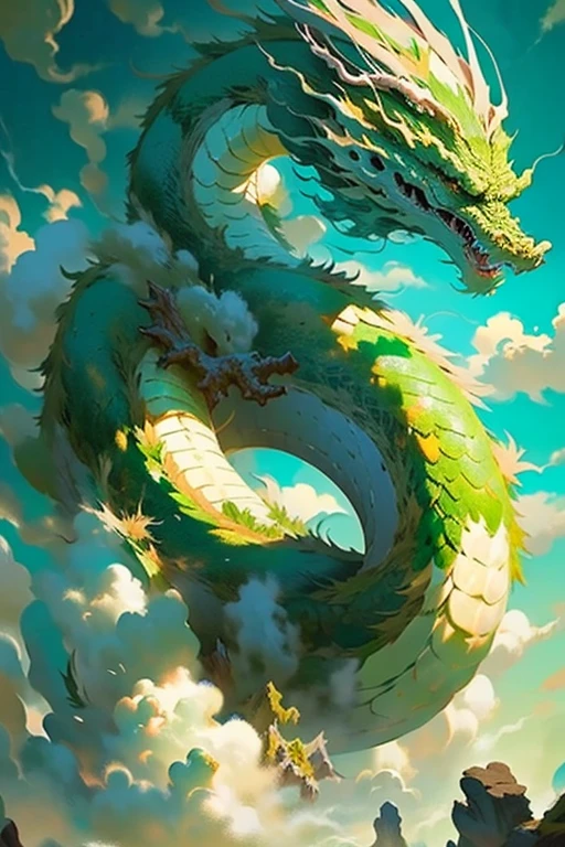 1dragon, flying through the air, (long dragon), (oriental dragon), fantasy art, green dragon, giant dragon, portrait, clouds around
