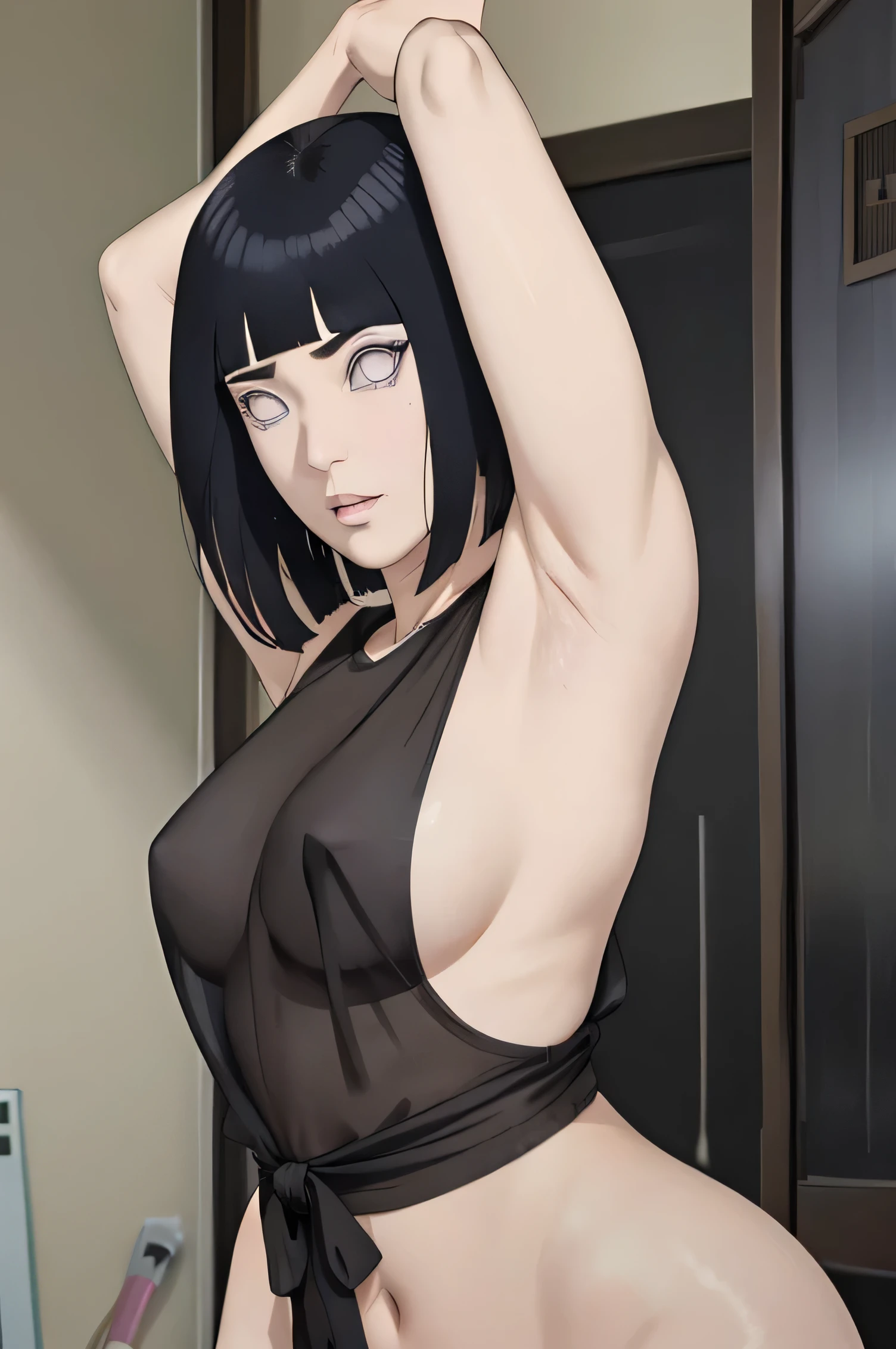Beautiful, absurdos, Hinata\(boruto\),black hair,medium hair,lips, detailed eye, perfect proportion,slut face,sweating,showing armpits,naked, showing vagina