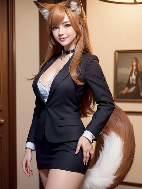 ((highest quality, 32k)), ((masterpiece)), (Get used to it), Perfect Face, Fox Girl, Beautiful woman, public, There is a tail, she has a fox tail, She wags her fluffy tail, smile, collar, She wears a business suit, Beautiful hip line, A tail sticking out from a business suit, Large Breasts, Big Ass