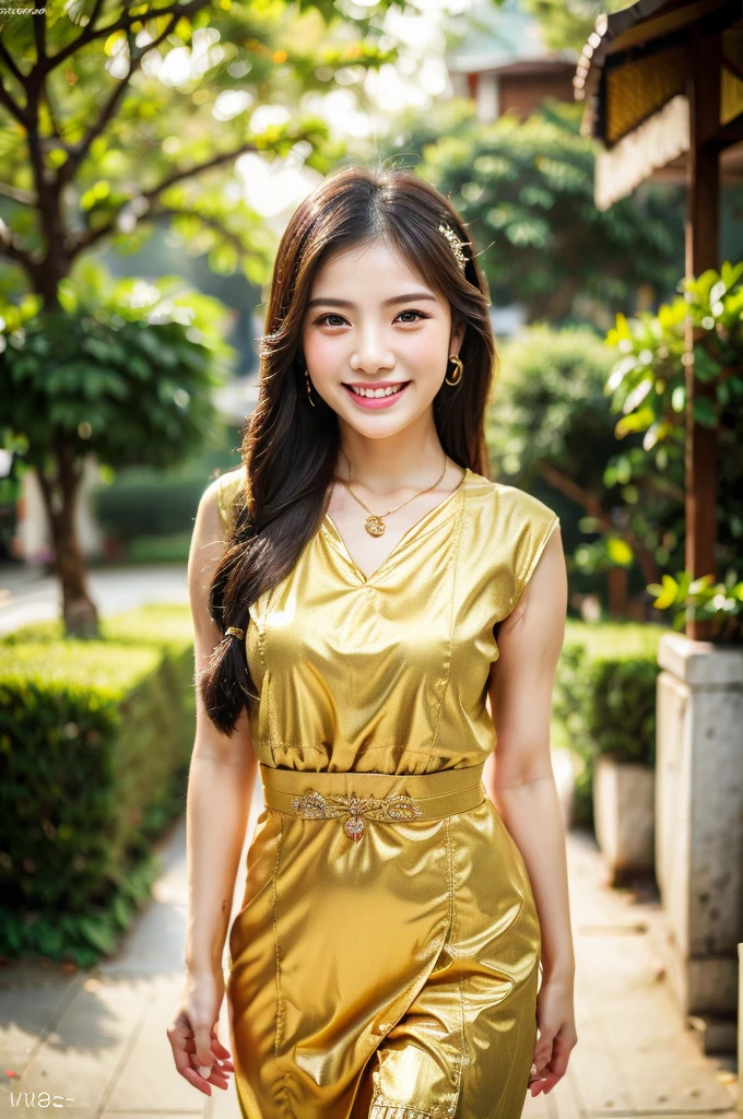 beautiful detail, best quality, 8k, highly detailed face and skin texture, high resolution, cute asian girl in thai traditional gold dress with smile at street, full body, sharp focus