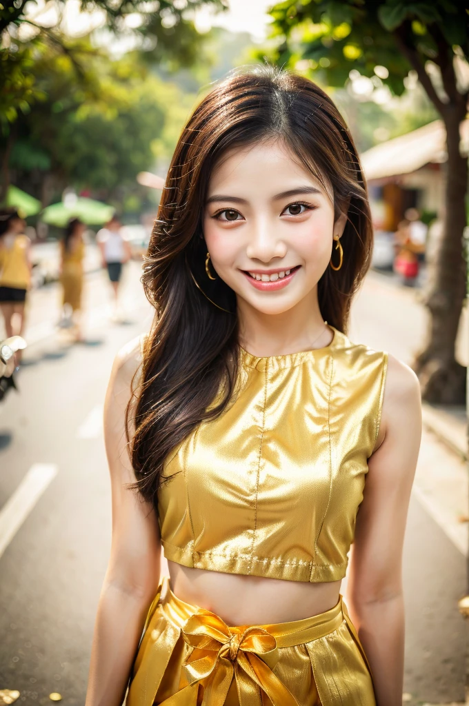 beautiful detail, best quality, 8k, highly detailed face and skin texture, high resolution, cute asian girl in thai traditional gold dress with smile at street, full body, sharp focus