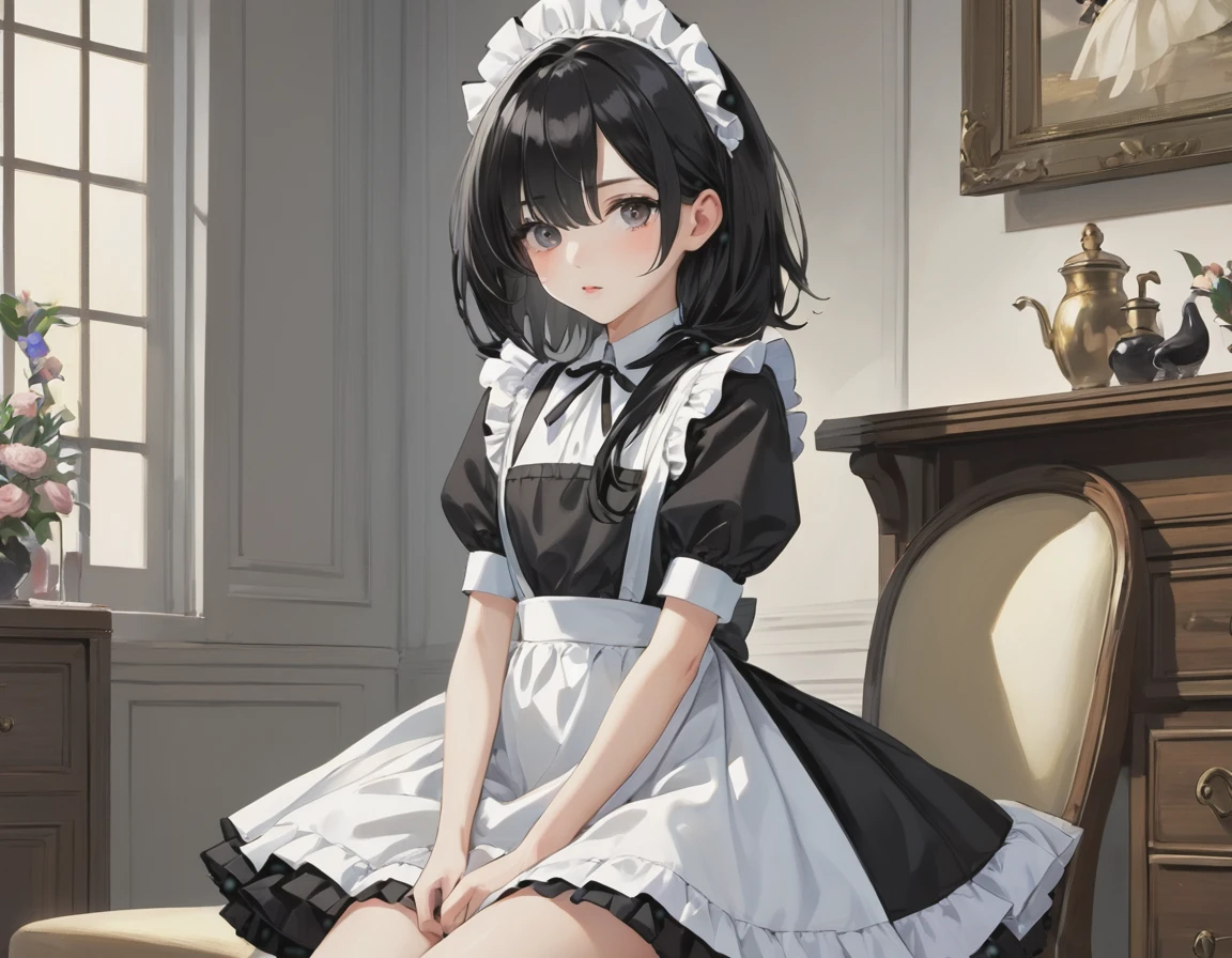 (masterpiece, highest quality, highest quality, Official Art, Cosmetology and aesthetics: 1.2), A cross-dressing boy with shoulder-length black hair and a short skirt wearing a maid&#39;s uniform、Cute, delicate and short、whole body、Front, back and side view、three views、Character Sheet、No background