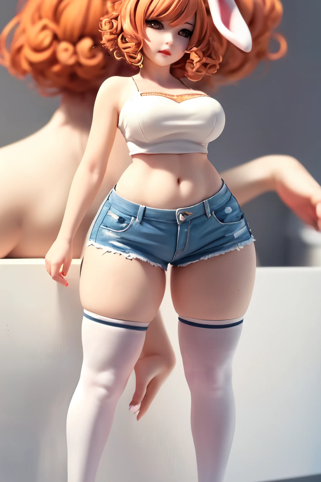 ((best quality)), ((masterpiece)), (detailed), perfect face, short hair, curly hair, ginger hair, large hips, big butt, thick thighs, bunny ears, overals, short shorts, thigh high socks, open legs