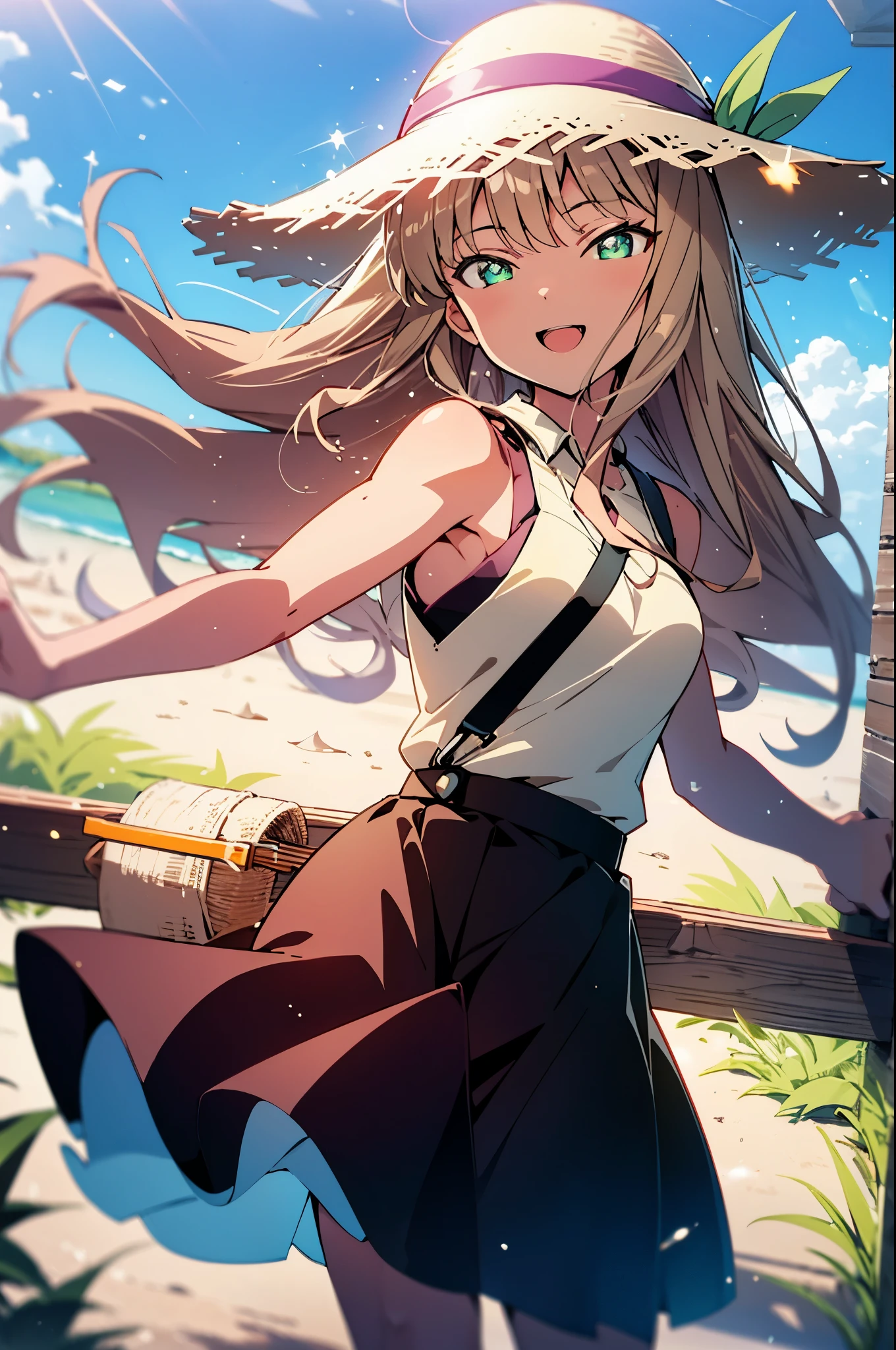 8k,highest quality,masterpiece,The seeds of a southern dream,The seeds of a southern dream　sss Dynazenon,Brown Hair,Long Hair,Green Eyes,Short braided hair,happy smile, smile, Open your mouth,Big straw hat,Sleeveless dress,???? arms,Long skirt,Barefoot,Sandy Beachで散歩している,sunset,evening,The sun goes down,Sandy Beach,(Cowboy Shot:1. 5),(masterpiece:1.2), highest quality, High resolution, unity 8k wallpaper, (shape:0.8), (Beautiful and detailed:1.6), Highly detailed face, Perfect lighting, Highly detailed CG, (Perfect hands, Perfect ???????),