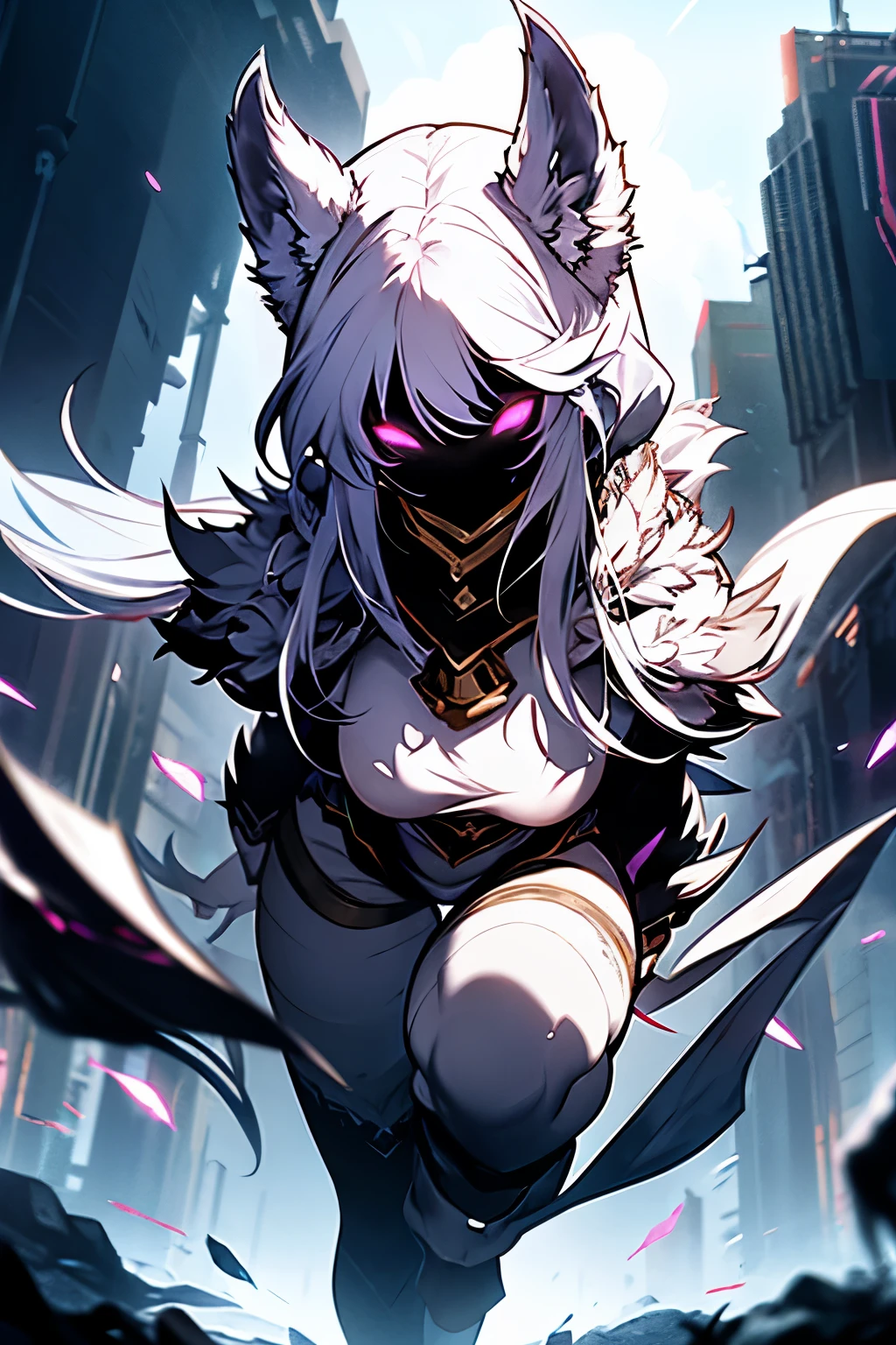 White hair, ethereal aura, serenity, wielded bow, light garments, spectral wolf, fierce nature, visual duality, soul hunters, smooth transition, agile posture, intense expression, light tones, dark tones, black facial mask.