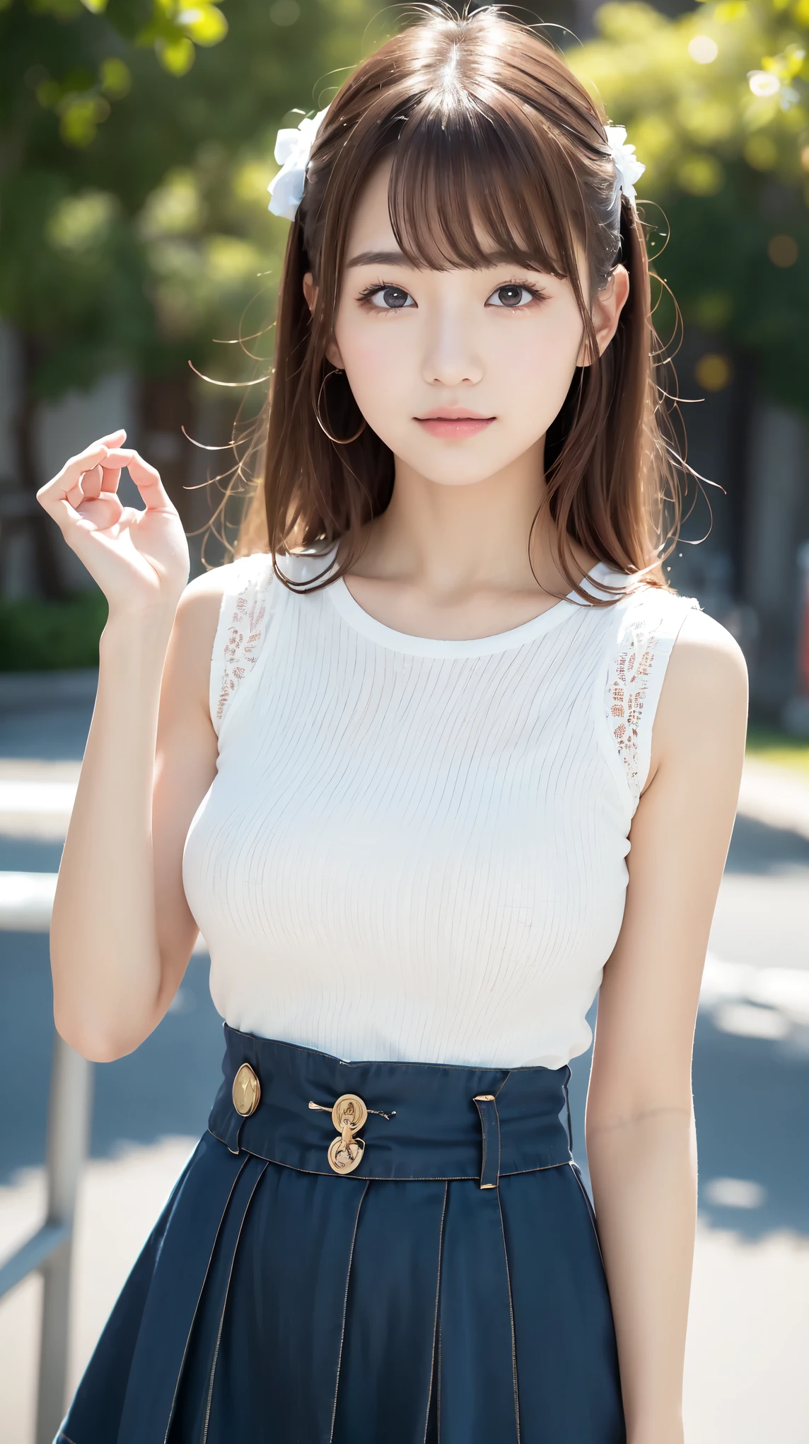 The cutest gravure idol pose in the world、Perfect proportions、Large Breasts, valley, cute、((18-year-old female:1.ung and adorable Japanese face,Official Art,Highly detailed CG Unity 8k wallpaper,(masterpiece:1.0),(highest quality:1.0), 超A high resolution,4k,Very detailed, photo shoot, 8K, nffsw, High resolution, Kodak Portrait 400, Film Grain, Lens Flare Glow,高いest quality,8K,nffsw:1.2),Portrait Shot,8K、Show your side、Raise your arms high in the air and cheer。Maid clotheini skirt、