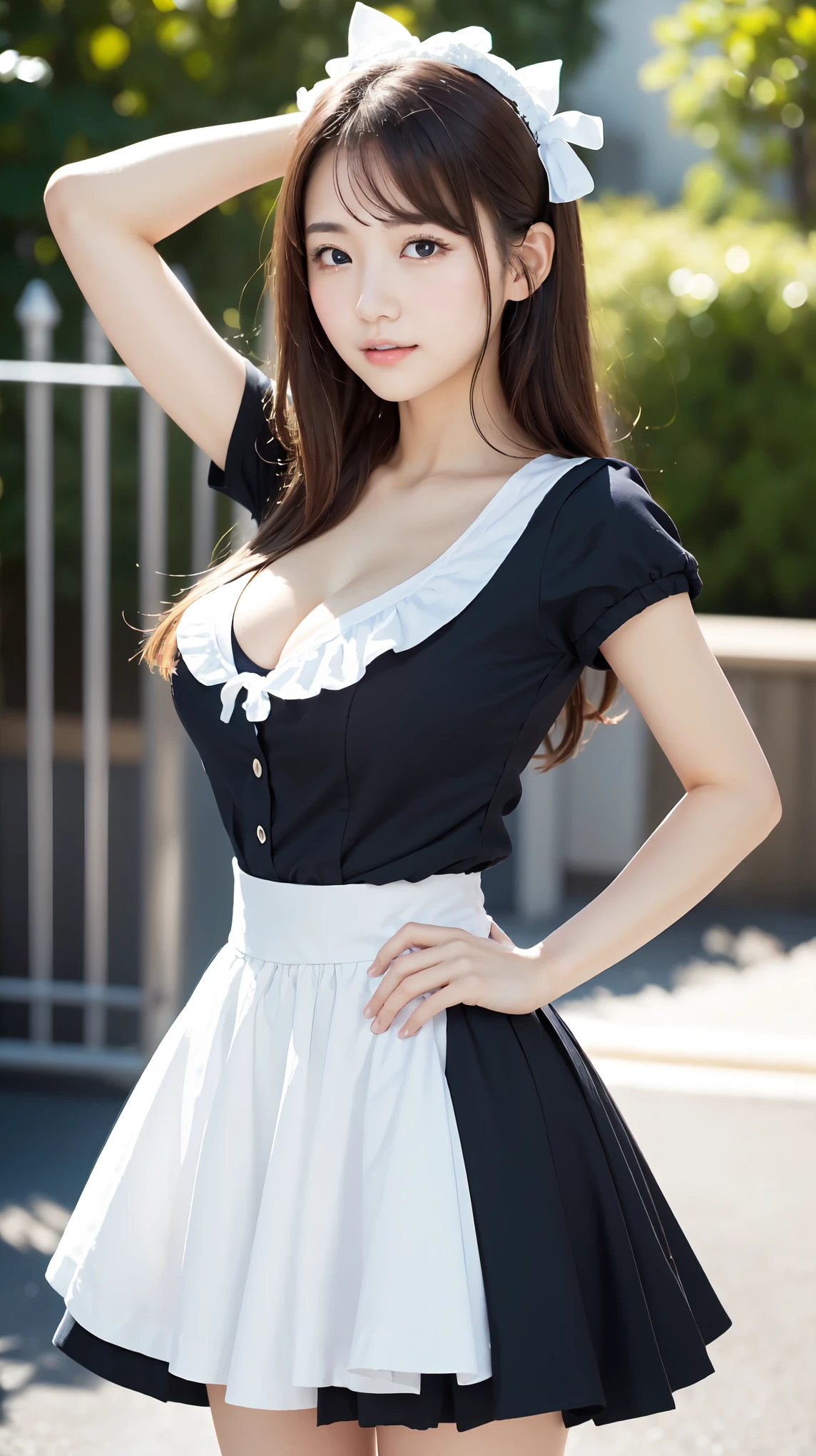 The cutest gravure idol pose in the world、Perfect proportions、Large Breasts, valley, cute、((18-year-old female:1.2))、Young and adorable Japanese face，Official Art，Highly detailed CG Unity 8k wallpaper，（masterpiece:1.0),(highest quality:1.0), 超A high resolution,4k,Very detailed, photo shoot, 8K, nffsw, High resolution, Kodak Portrait 400, Film Grain, Lens Flare Glow,高いest quality,8K,nffsw:1.2),Portrait Shot,8K、Show your side、Raise your arms high in the air and cheer。Maid clotheini skirt、