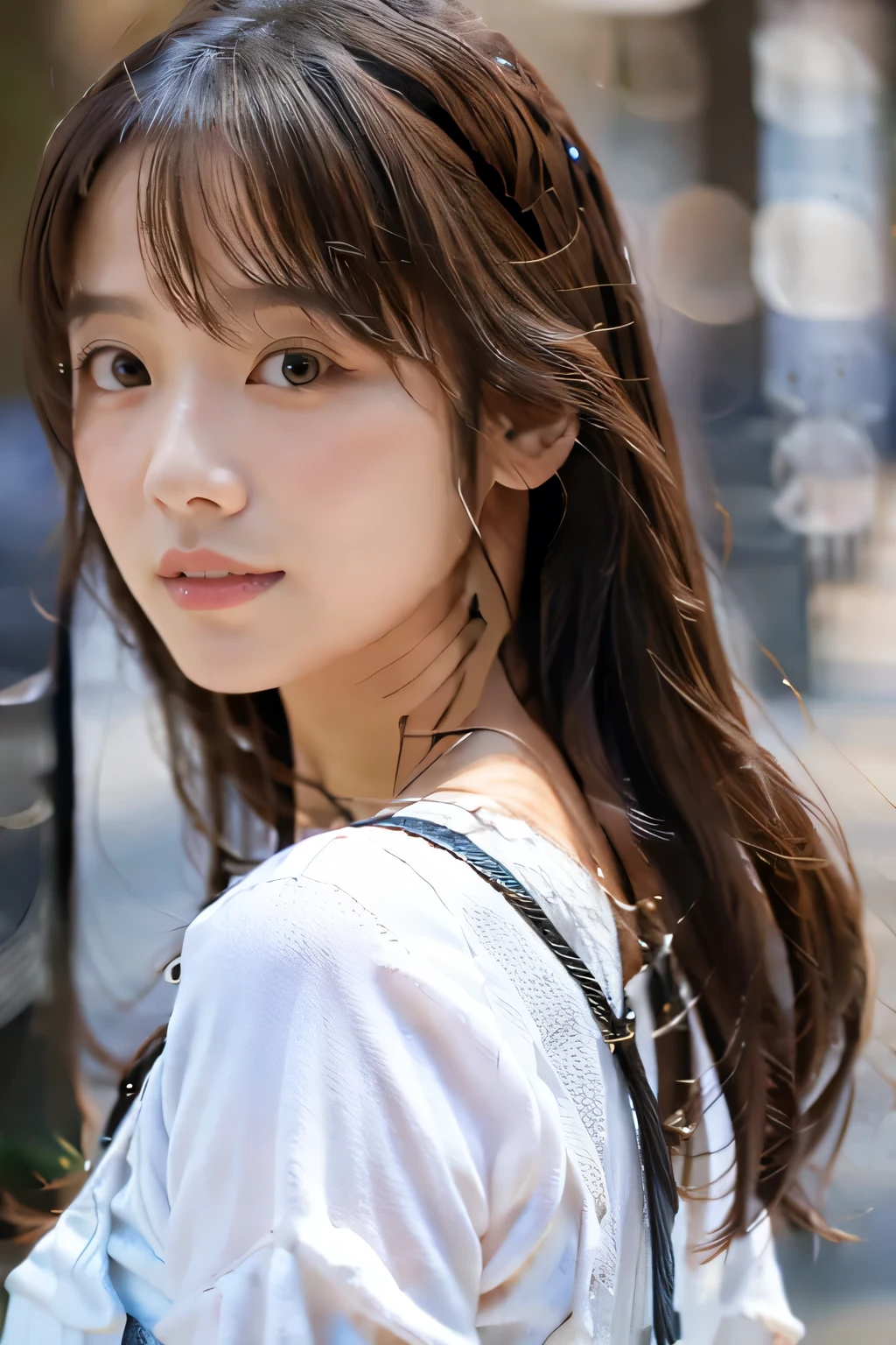 ((Best Quality, 8K, Masterpiece: 1.3)), Sharp: 1.2, Perfect Body Beauty: 1.4, Slim Abs: 1.2, ((Layered Hairstyle, Big Breasts: 1.2)), (Wet White Button Long Shirt: 1.1), (Rain, Street: 1.2), Wet: 1.5, Highly detailed face and skin texture, detailed eyes, double eyelids, side face looking at the camera