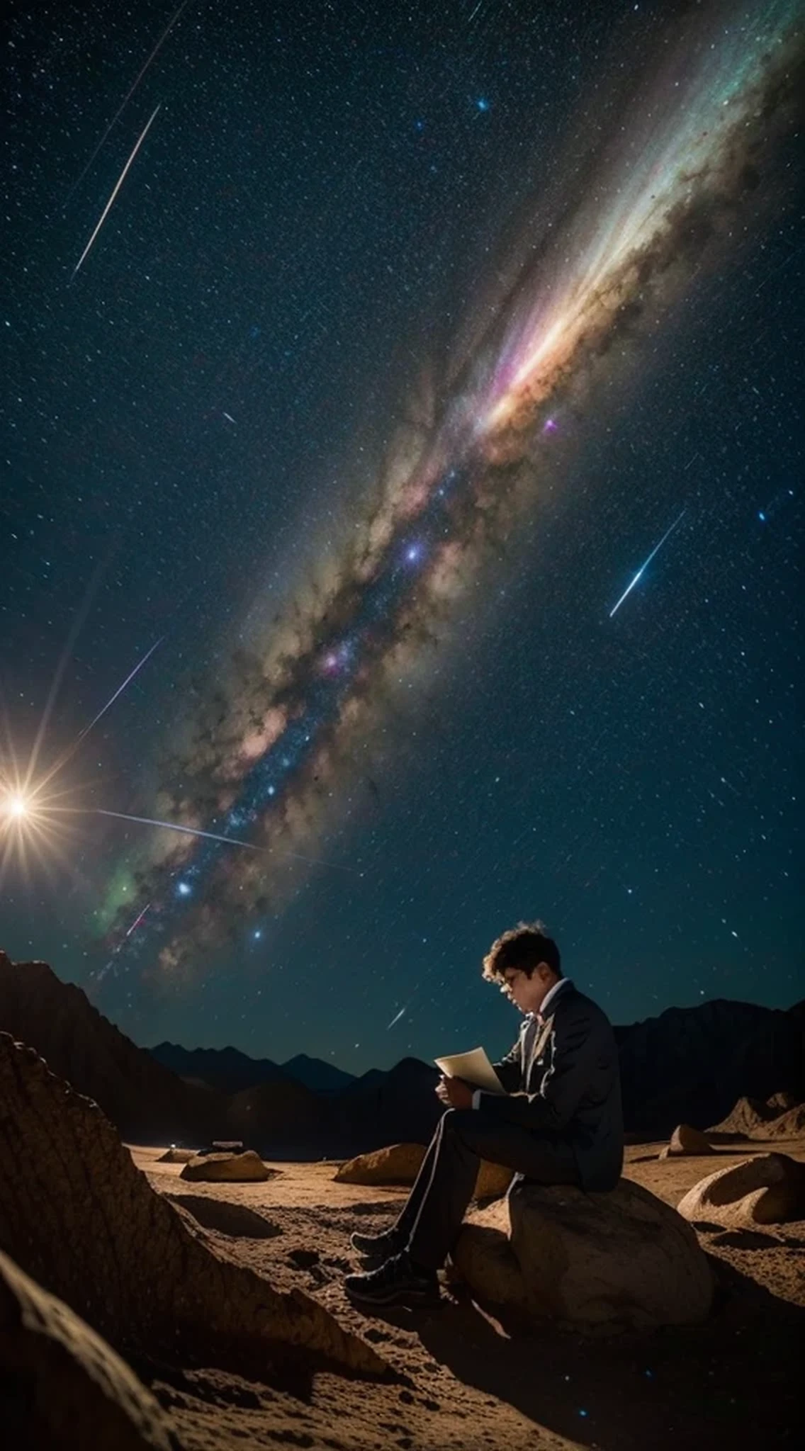 Draw a young programmer, sitting on a research platform floating in the middle of an asteroid belt. He is studying with a notebook, surrounded by several asteroids glowing with fiery auras. Dramatic lighting from distant stars and planets illuminates the scene, casting deep shadows on the suit. The young man looks confident and determined, looking at the vast and mysterious universe with wonder and respect,facial hair, cowboy shot,