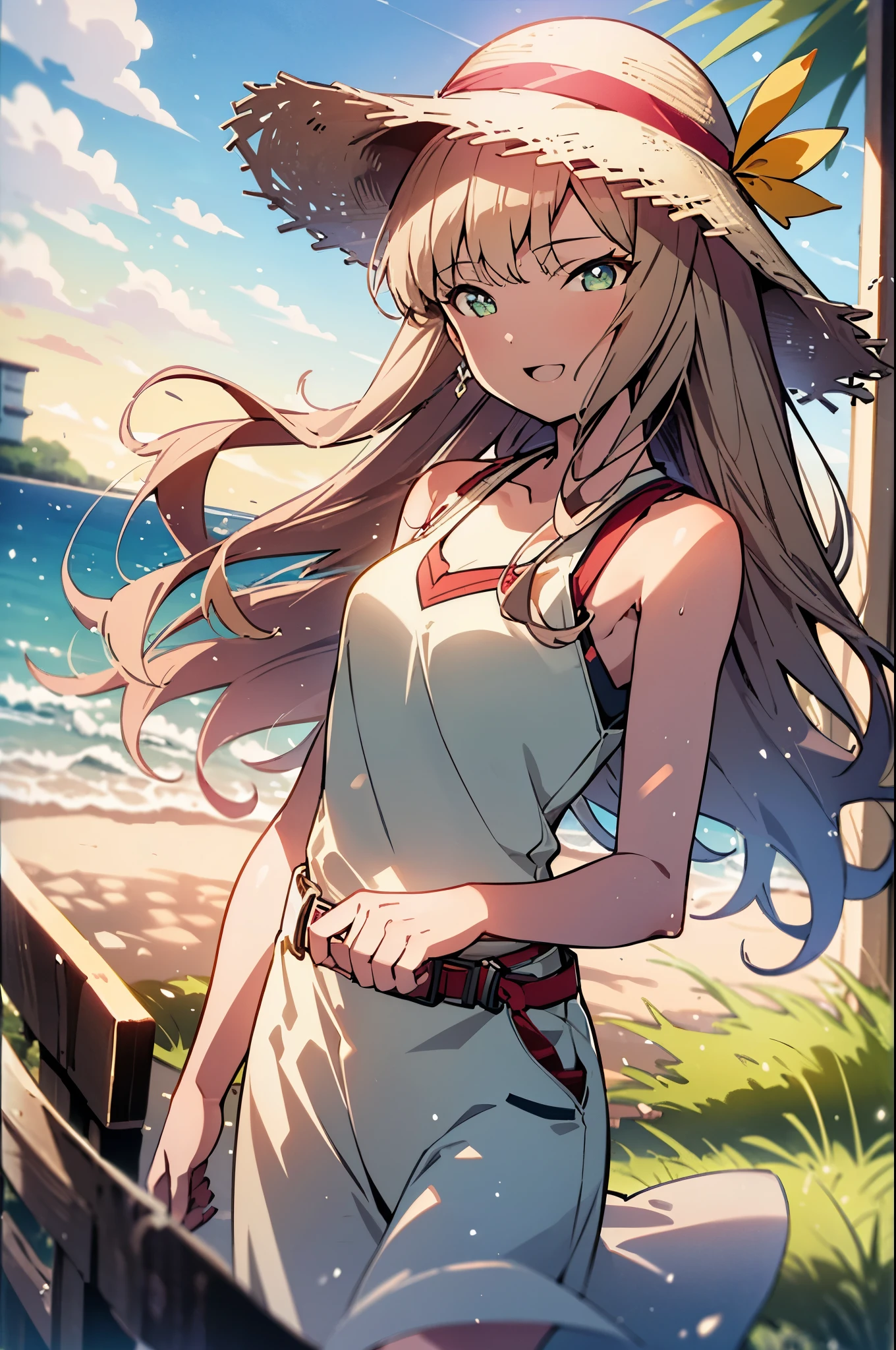 8k,highest quality,masterpiece,The seeds of a southern dream,The seeds of a southern dream　sss Dynazenon,Brown Hair,Long Hair,Green Eyes,Short braided hair,happy smile, smile, Open your mouth,Big straw hat,Sleeveless dress,Bare arms,Long skirt,Barefoot,Sandy Beachで散歩している,sunset,evening,The sun goes down,Sandy Beach,(Cowboy Shot:1. 5),(masterpiece:1.2), highest quality, High resolution, unity 8k wallpaper, (shape:0.8), (Beautiful and detailed:1.6), Highly detailed face, Perfect lighting, Highly detailed CG, (Perfect hands, Perfect Anatomy),