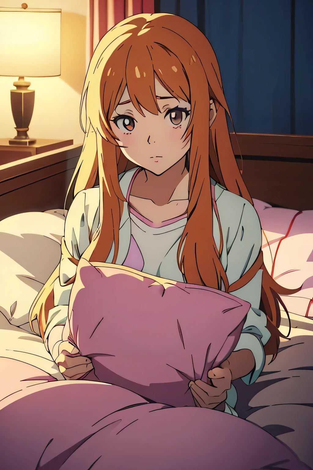 anime girl laying in bed with pillow and pillow case, anime moe artstyle, marin kitagawa fanart, ilya kuvshinov with long hair, (anime girl), anime visual of a cute girl, cute anime girl, young anime girl, pretty anime girl, in dress, seductive anime girl, an anime girl, , anime best girl