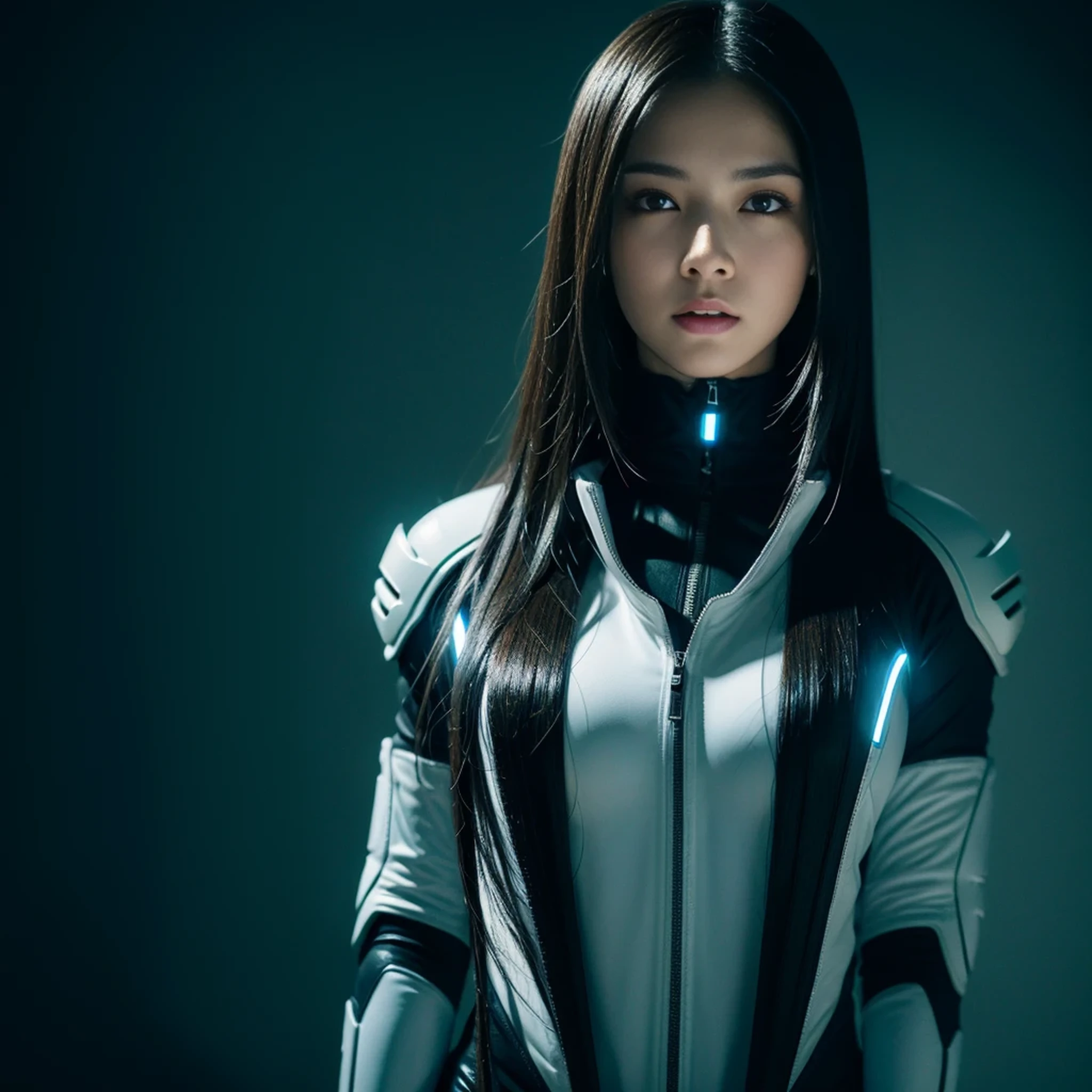 masterpiece, best quality, ultra realistic, hyper-detailed, 8k resolution, RAW photo, sharp focus, (1girl), solo, gorgeous face, perfect body, mature female, 25yo,  portrait, mecha, white armor, nanosuit, sexy, messy hair, cinematic, cinematic light, dark theme