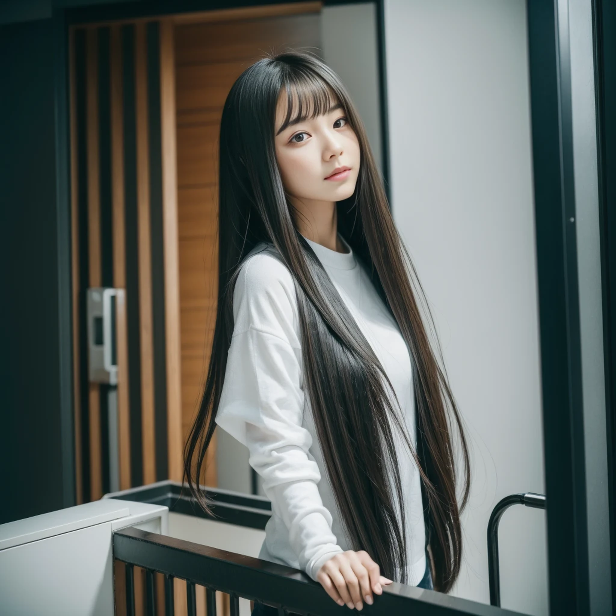 masterpiece, top quality, highly detailed, Unity 8k wallpaper, (riding a crane truck), firmament, girl 1 person, heavy machinery, gradient hair, hair between eyes, ahoge, age: 16, looking back, pretty face, white neeso,