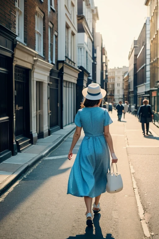 Back view girl walking in old London with medium sized buildings and coffee tables on the street, Light blue summer dress with white polka dots, Wearing a white hat, be familiar with, Cinematic lighting, Golden sky like a sunset