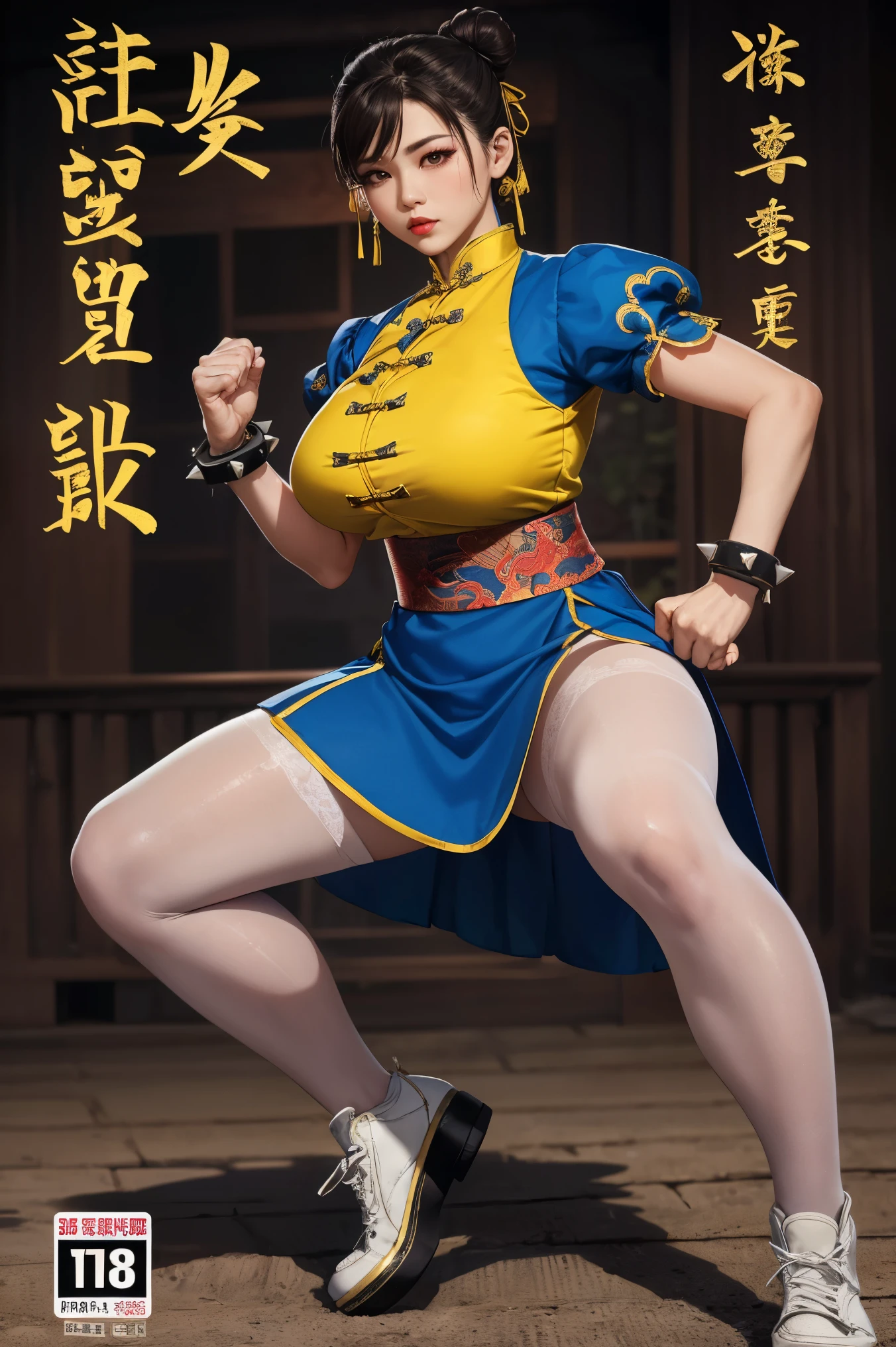 (Surreal,32k, masterpiece:1.2),(Highly detailed skin:1.1),( high quality:1.1),
chun li, Brown eyes, Brown hair, (Very good cover:1.5), Double the goodness, Eyeliner, Hair Bun, Lipstick, cosmetic, Pink lips,blue skirt, boots, bracelet, brown Pantyhose, china skirt, Chinese clothes, Cross lace shoes, skirt, Gold trim, jewelry, Pantyhose, Pelvic Curtain, Puff sleeves, sash, Short sleeve, Side slits, spiked bracelet, peak, White shoes,,Fighting Stance, Huge breasts, Large Breasts,(Glow in the Dark:1.1),  Shaolin Temple,monastery ,  Chinese theme, Blurred background,