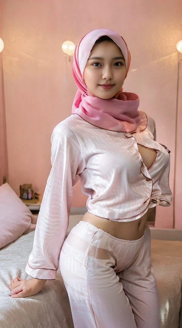 (very cute girl) , like mira filzah face, (raw photo:1.2), (()), (photorealistic:1.4), wearing long pashmina hijab, Japan face hyper white skin, realistic skin texture, pale skin, slim and Slender body, thin body, tall body, very detailed eyes and face, beautiful detailed eyes, turkish nose, super detailed, high resolution, very detailed, masterpiece,unified, 48k wallpaper, amazing, Fine details, masterpiece, best quality, ((Tight D cup breasts size)), straight light on face, cinematic lighting, 1girl, perfect body, slim abs, slim and Slender body, tall body, skinny, ((beautiful face)), hyper realistic bright lighting, realistic shadow, ((wearing a twisted pajamas, pastel color pajamas, unbuttoned loose opened pajamas, showing nude breasts and the nipples)), ((perfectly composition)), dynamic poses, dynamic shot angle