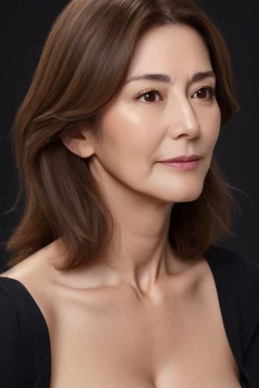 Ultra-high resolution, masterpiece, highest quality, perfect glowing skin, Perfect lighting, Detailed lighting, Muscular Japanese middle-aged woman, 55 years old、, Beige lightweight knit, Looking at the camera, Off the shoulder, Brown wavy hair with highlights、Big Breasts, Large exposed cleavage, Black double eyelids, Browsing Caution, ((Dark Background)), Sexy Face, Facial expressions when feeling happy,whole body、Loose skin