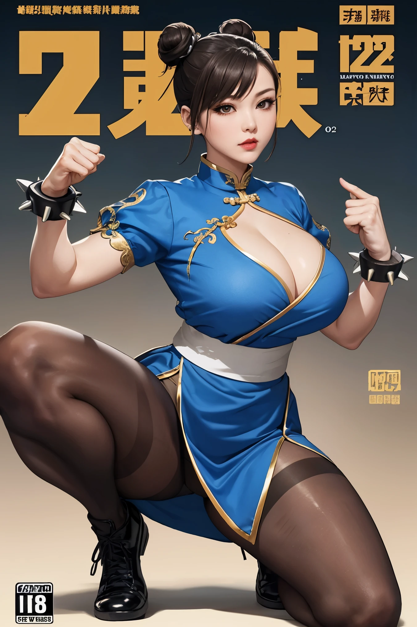 (Surreal,32k, masterpiece:1.2),(Highly detailed skin:1.1),( high quality:1.1),
chun li, Brown eyes, Brown hair, (Very good cover:1.5), Double the goodness, Eyeliner, Hair Bun, Lipstick, cosmetic, Pink lips,blue skirt, boots, bracelet, brown Pantyhose, china skirt, Chinese clothes, Cross lace shoes, skirt, Gold trim, jewelry, Pantyhose, Pelvic Curtain, Puff sleeves, sash, Short sleeve, Side slits, spiked bracelet, peak, White shoes,,Fighting Stance, Huge breasts, Large Breasts,(Glow in the Dark:1.1),  Shaolin Temple,monastery ,  Chinese theme, Blurred background,