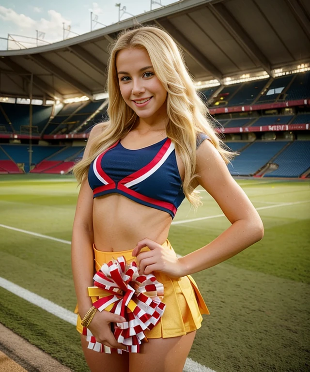young 27 year old blonde beautiful girl, with sexy  posed  smile, in dressed like cheerleader in soccer stadium  sexy  instagram picture detalaised photo