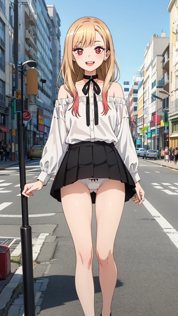 (((Pixel Perfect, Perfect detail))), alone, 1 girl,
Kitagawa Marine Corps SB,1 girl, alone, teeth, Bright smile, Earrings, Long Hair, blonde, Red eyes, Colorful Hair, Black Ribbon, black collar,
Black Skirt, White shirt, Off the shoulder, tuck your shirt in,Permanently installed, Looking at the audience,outdoor activities, (Spread your legs,White panties), whole body