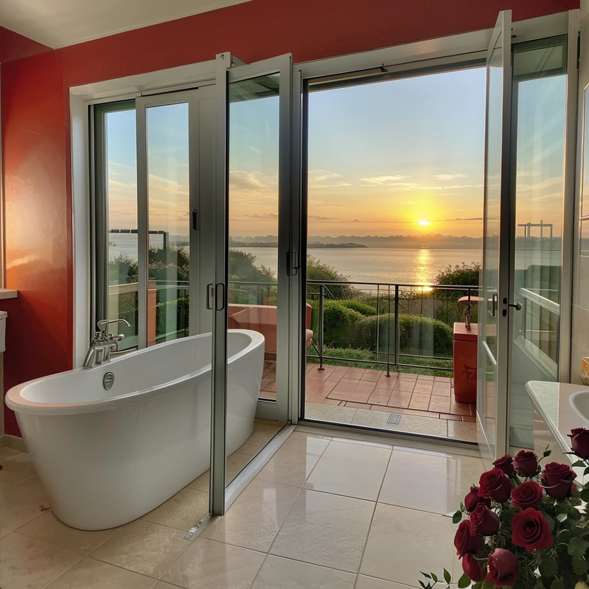 good morning, queen, king, Brazil, Italy, bathroom, clean, window, waves of red roses, sunrise, stunning view