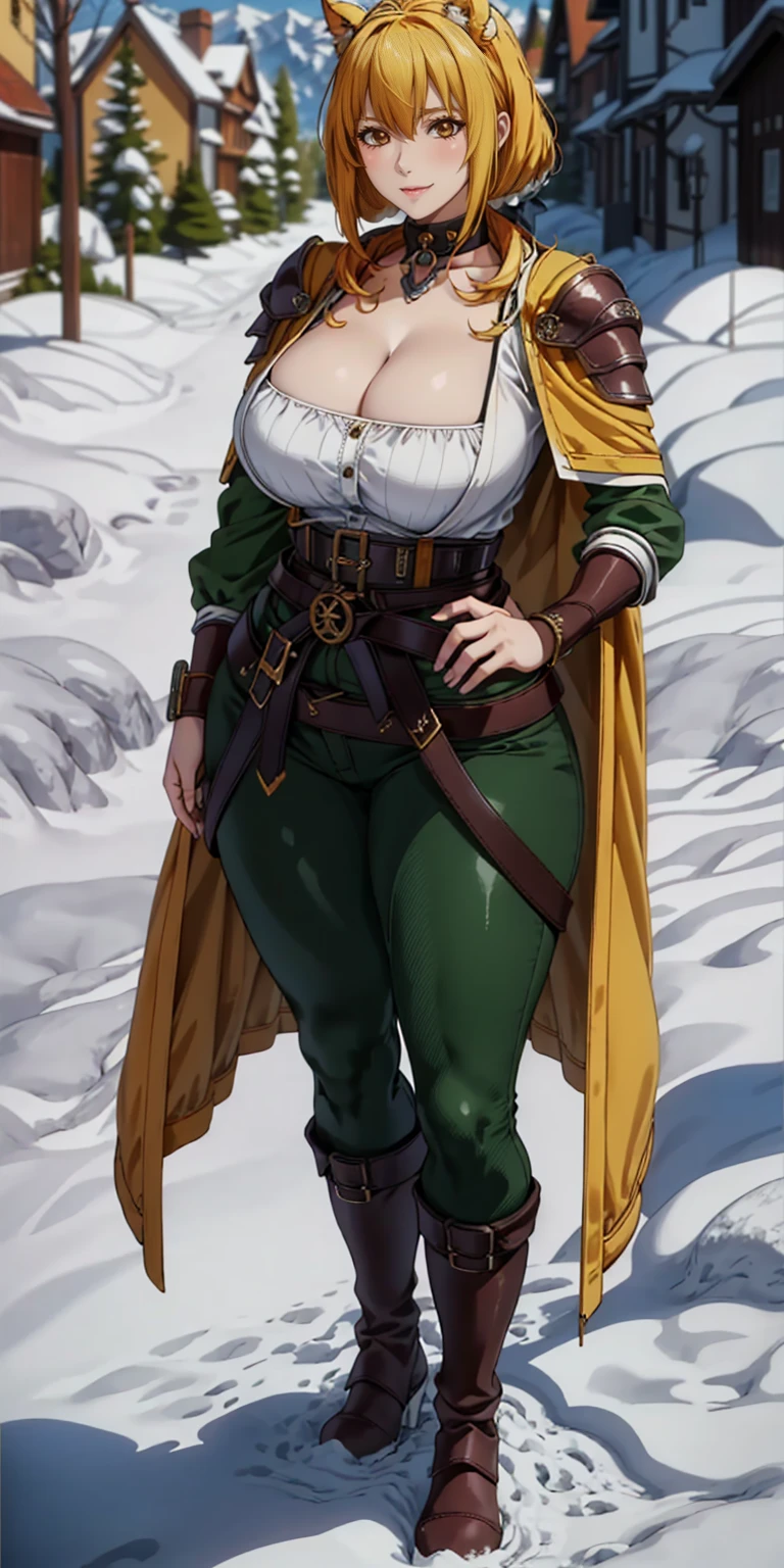 female wearing brown big leather boots full body standing straight symmetrical warrior princess, open cleavage SFW, green pants, NICE ASS, BIG KNOCKERS, big brown belt around waist, big brown belt, short hair, very white skin like snow, wearing full heavy armor red cape, adventurer outfit, hands on hips, smirking lustful smile, golden bracers, black choker, golden tiara, feet together, standing on white snow, veteran warrior, female with dog ears, fluffy ears