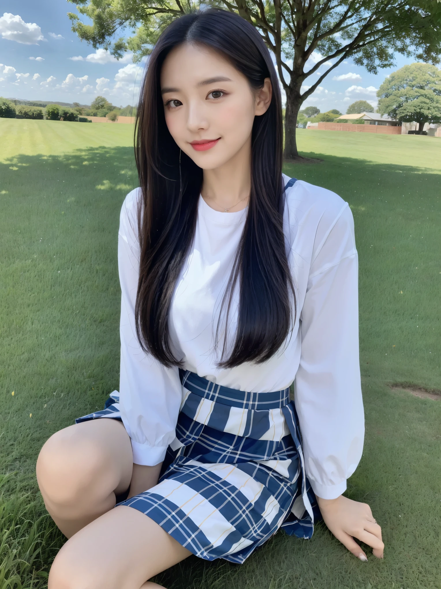 A nice and cute girl,Full body image,Extremely beautiful and exquisite,Black hair,Sweet smile,Delicate, beautiful and fair skin,Realistic and realistic,Exquisite and complete facial features,Detailed depiction of face,High nose bridge,smooth hair,Extremely fragile hair,Femininity,Light up your face,High and tall,Thin,real,Surrealism,Full body shot,Forward tilt angle,Ultimate image quality,Highest precision,Precise and perfect human anatomy。Blue sky and white clouds,Sitting on the grassland,Blue sky and white clouds,Sunlight,(Plaid skirt)