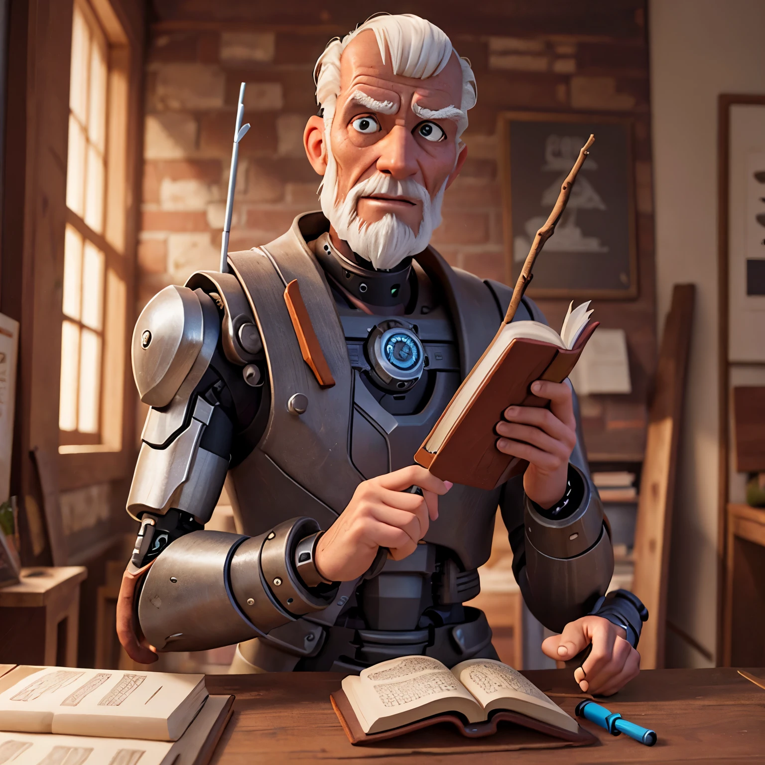 A old cyborg man holding a book and a stick and teaching