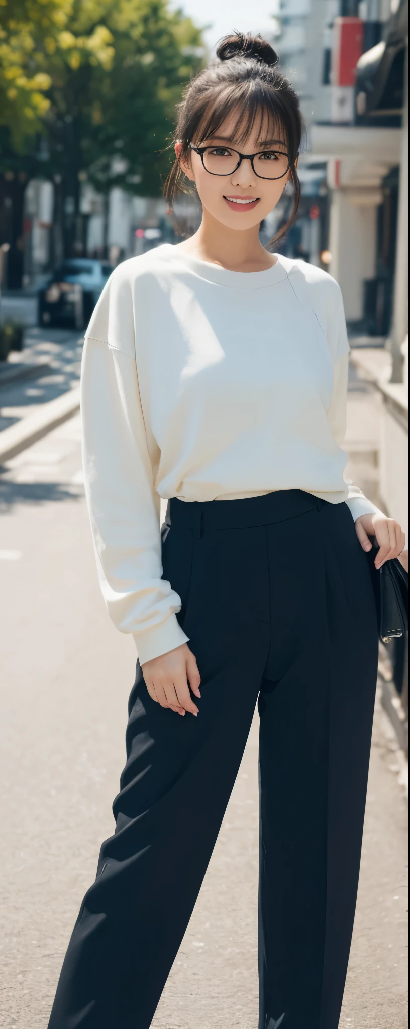 masuterpiece, Best Quality, Illustration, Ultra-detailed, finely detail, hight resolution, 8K Wallpaper, Perfect dynamic composition, from front, Beautiful detailed eyes, topknot Hair, glasses, wearing oversize sarouel pants:1.2, long sleeve Sweatshirt, Natural Color Lip, Random and sexy poses,Smile, Aoyama Street Walk, 28 years girl