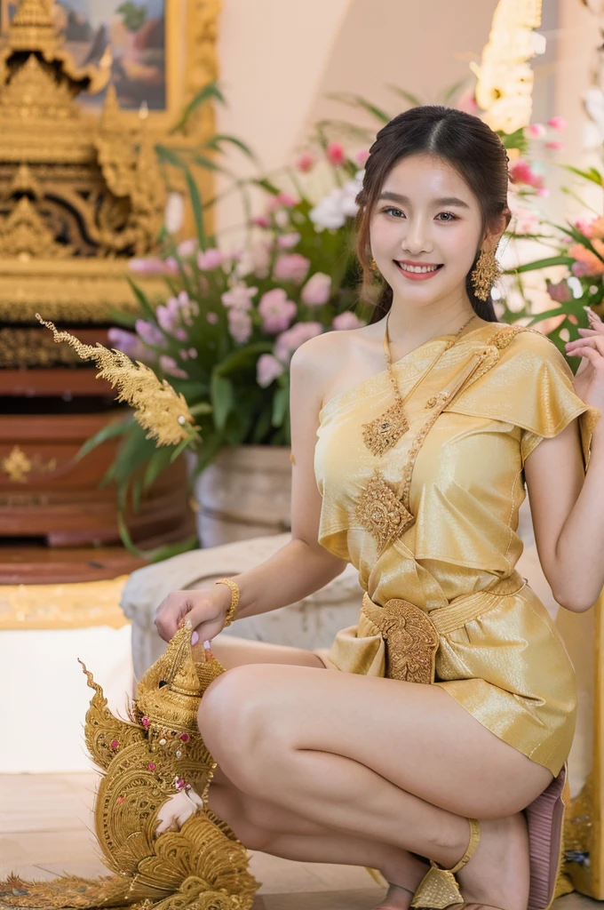 beautiful detail, best quality, 8k, highly detailed face and skin texture, high resolution, cute asian girl in thai traditional dress with smile at thai temple, full body, sharp focus