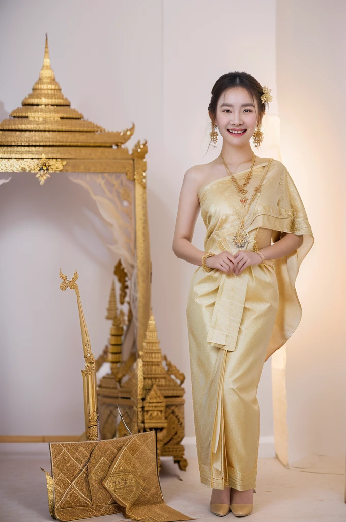 beautiful detail, best quality, 8k, highly detailed face and skin texture, high resolution, cute asian girl in thai traditional dress with smile at thai temple, full body, sharp focus