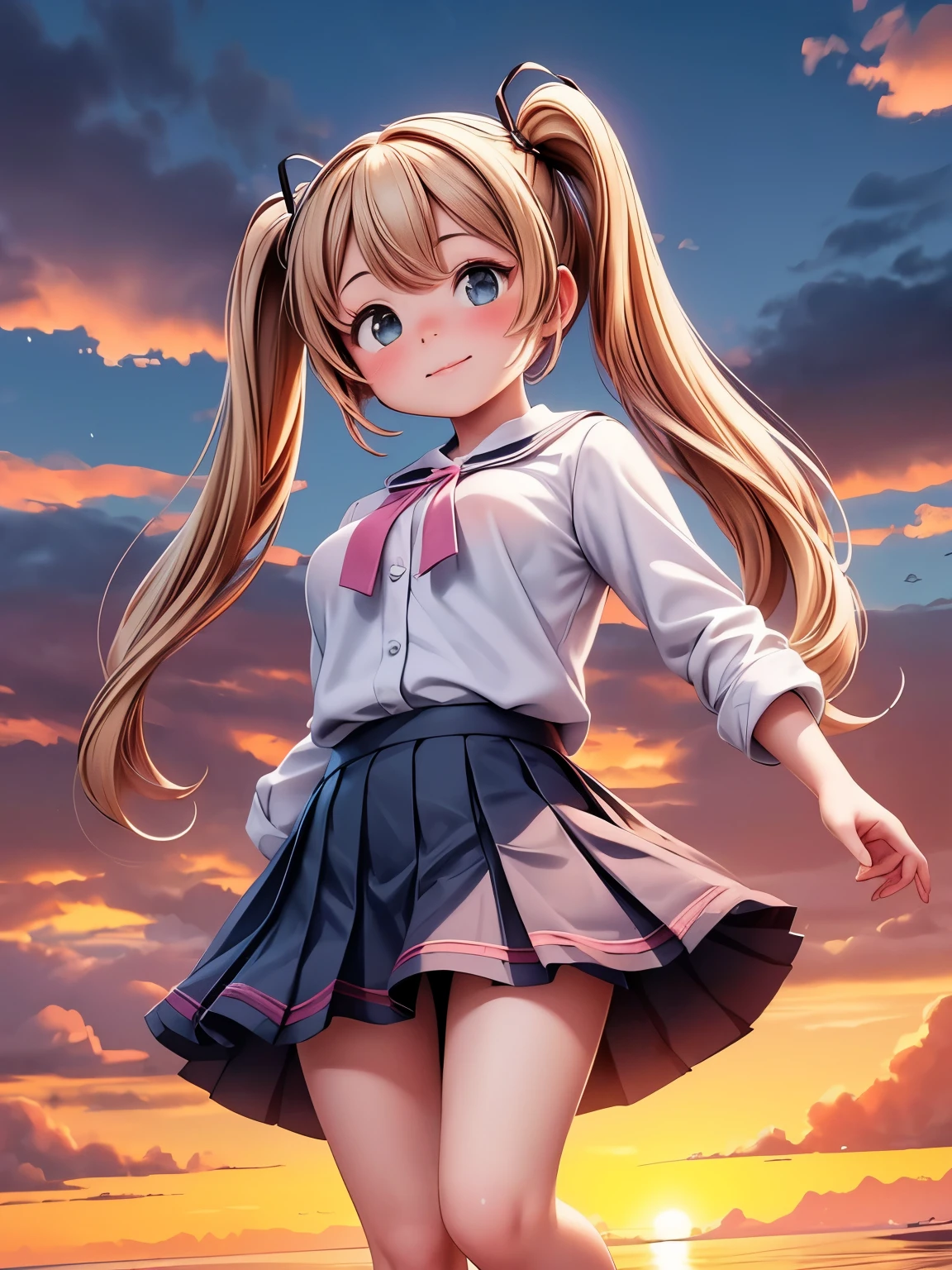 (masterpiece、highest quality、highest quality、Official Art、Beautiful and beautiful:1.2)、(One girl:1.3)Hatsune Miku、Twin tails,Big Breasts,(highest quality, High resolution, Tabletop :1.3), (Shooting from below), Beautiful woman, Orange sunset sky, Sun and clouds with ocean in the background, Cute girl in uniform. her hair is light brown、Medium bob style。. She wears a white blouse and pleated skirt, Stand with your feet wide apart, Blushing, looking at the camera, Dynamic photography
