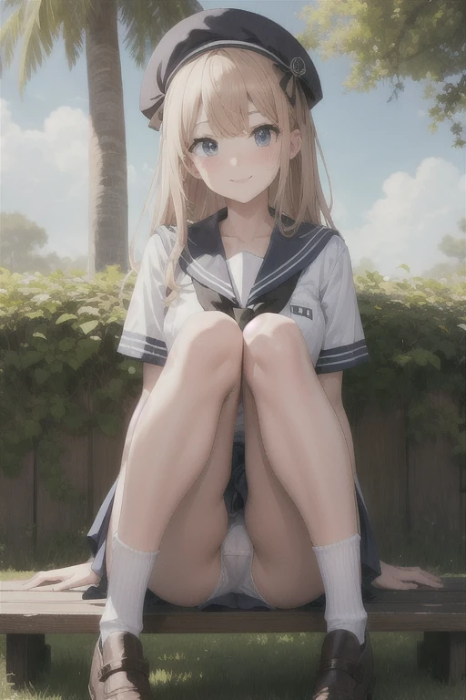 highest quality、Super Resolution、8K,(masterpiece:1.3), (Absurd:1.3), (highest quality:1.3), (Very detailed:1.3), One girl, View your viewers, smile, Outdoor,Photographed from the perspective of looking up at her feet, Summer sailor uniform,ailor collar,、Sit on a bench、She spreads her legs and shyly shows her panties、She shows off her white frilly panties to the viewers.、