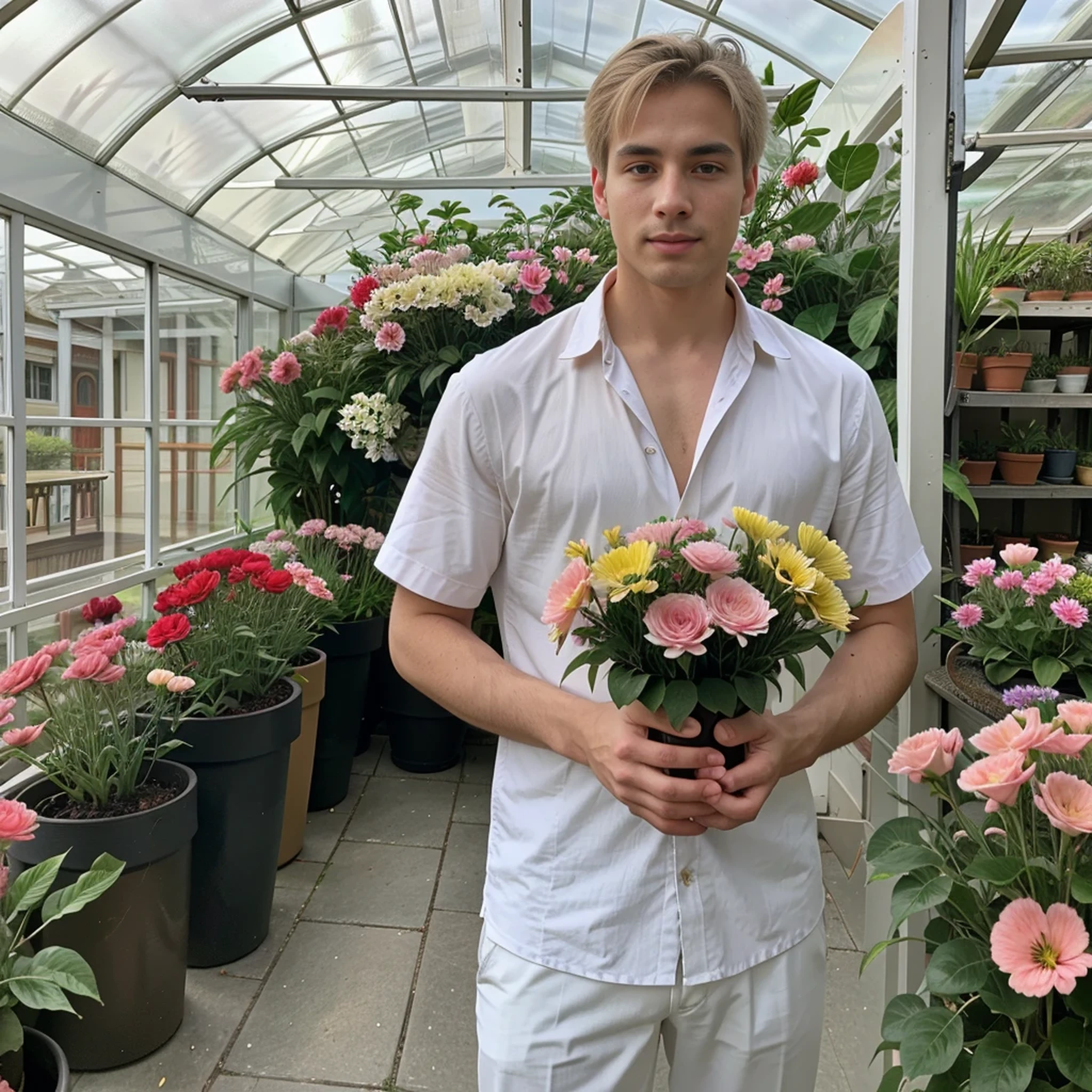 extremely delicate and beautiful, Amazing, finely detail, masterpiece, ultra-detailed, highres,best illustration, best shadow,intricate,sharp focus, high quality, 1male, solo, blond hair. red eyes, kaveh genshin impact, glass greenhouse, flowers in pots, flowers for sale, man looking at flowers, flowers everywhere