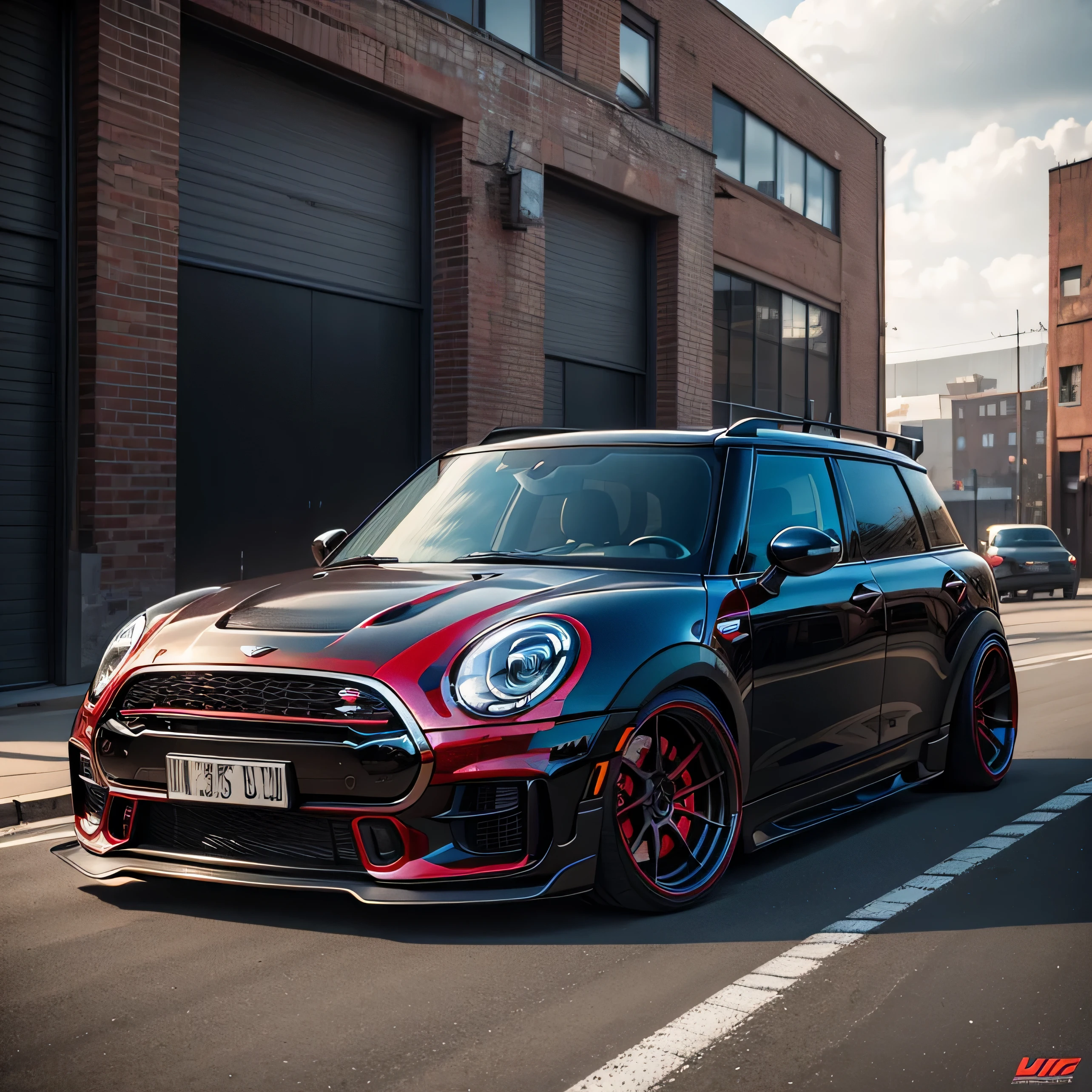 red Mini Cooper S Clubman wagon, ((carbon fibre, Liberty walk ultra wide body kit)), aggressive stance ((background: outside old industrial style building, large windows in background, overcast sky, heavy industrial look, cobble stone street)), 8K quality, realistic, realism, sharp, detailed, ultrawide, black and carbon fibre and deep candy colour scheme, front profile, epic stance, epic ultra wide body kit, super low stance, aggressive looks