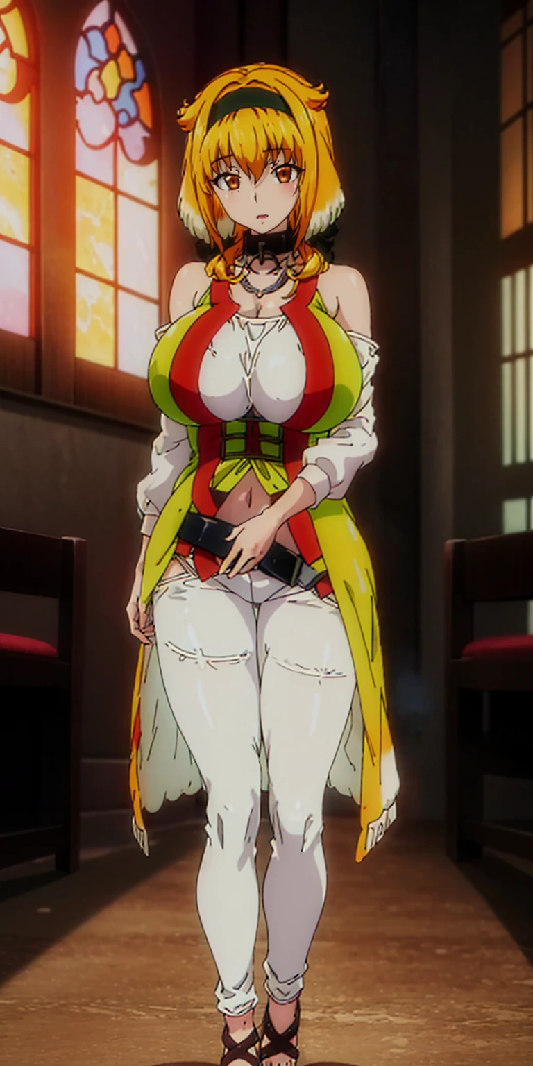 (Masterpiece, best quality), (highres, ultra-detailed), ( perfect anatomy), outdoors, 1girl, solo, dress, sela, large breasts, tan, necklace, white sleeves, thighhighs, muscular, thighs, full body, priestess, church, religous, pants, coat, pullover, boots, body suit, bigdress, big robe,black body suit, HIGH BOOTS, feet together, toe to head