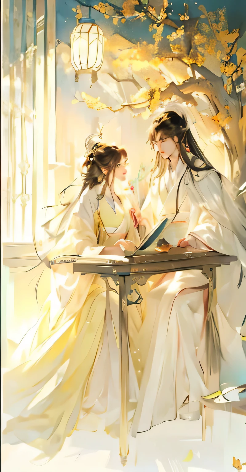 Painting of a couple sitting at the table and reading a book, author:Yang Jie, author:Cold plum, yiqiang and shurakrgt, Long flowing hair and robes, author:Li Song, by Zeng Jing, author:Fan Qi, author Wang E, palace , Girl wearing Hanfu, Beautifully depicted, by Shitao, by Li Fangying