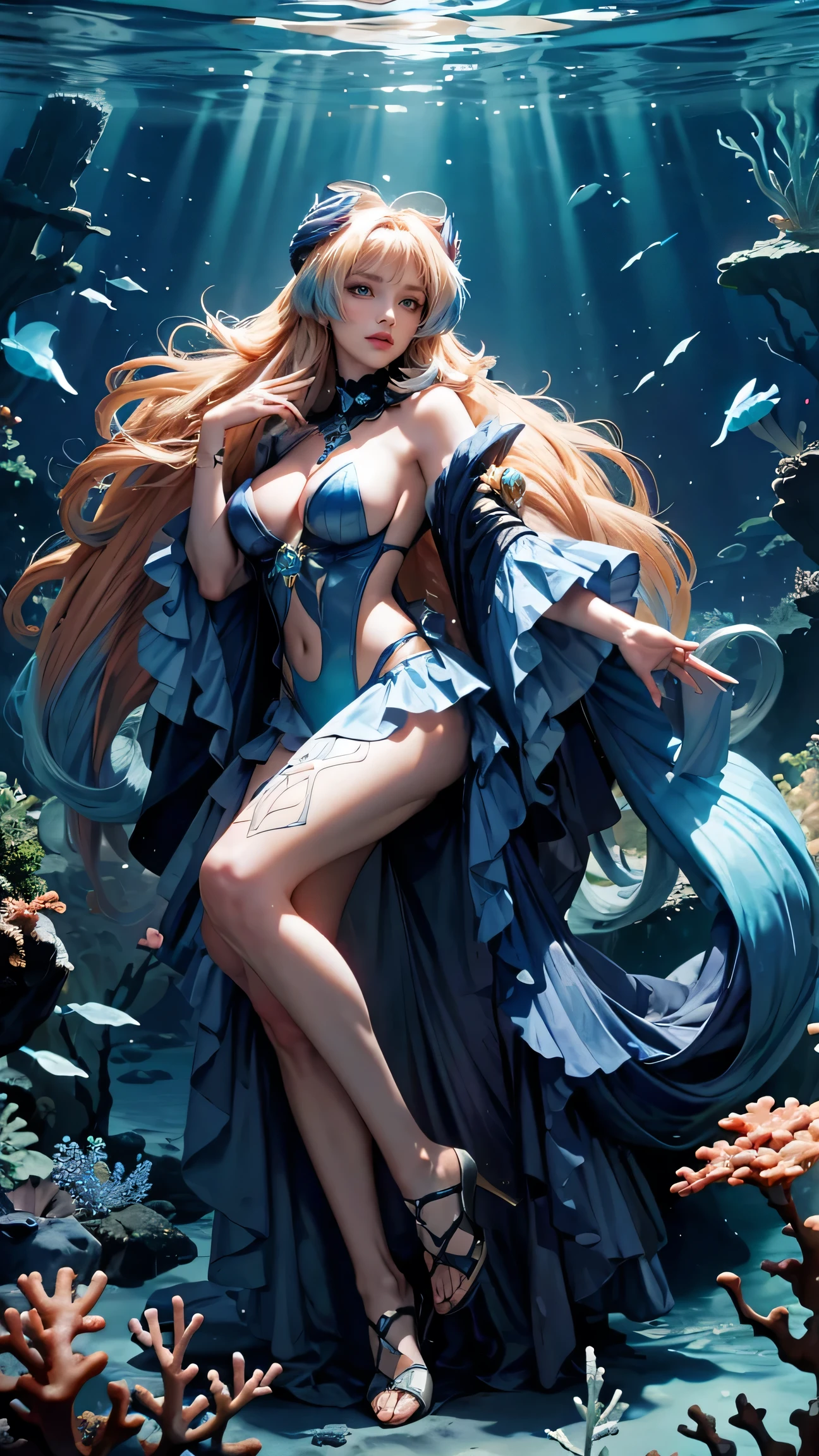 Best Best quality, masterpiece, ultra high res, raw photo, beautiful and aesthetic,deep shadow, dark theme,(photorealistic:1.4),
1girl, latex with frills, bodysuit, sexy pose, coral, underwater, on seabeds, Headdress, hair ornament, full of coral and sea element, drill hair, long hair, blonde hair, gradient hair, yellow eyes, solo, huge breasts, big hair, blue hair, tiara, divine goddess, looking at viewer, underwater palace, Seafoam, Buble, shells, Fish, pearls, conch, ocean floor, astraea, full body, kokomirnd