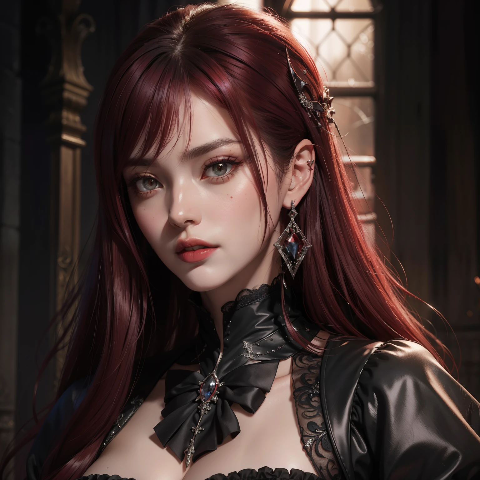 A portrait of a vampire with best quality, high-resolution, and ultra-detailed image rendering, boasting an HDR effect of 1.1 to accentuate the realistic yet mysterious atmosphere. The vampire's enchanting gaze is conveyed through beautiful, intricately detailed eyes and lips, framed by cascading dark red hair styled in bangs. Her attire is an exquisitely dark and elegant vampire dress, adorned with a corset and metallic silver accessories. The elfin pointed ears she sports are accentuated by equally detailed silver earrings.

The portrait exudes an aura of enigma, thanks to the subtle, soft lighting that illuminates