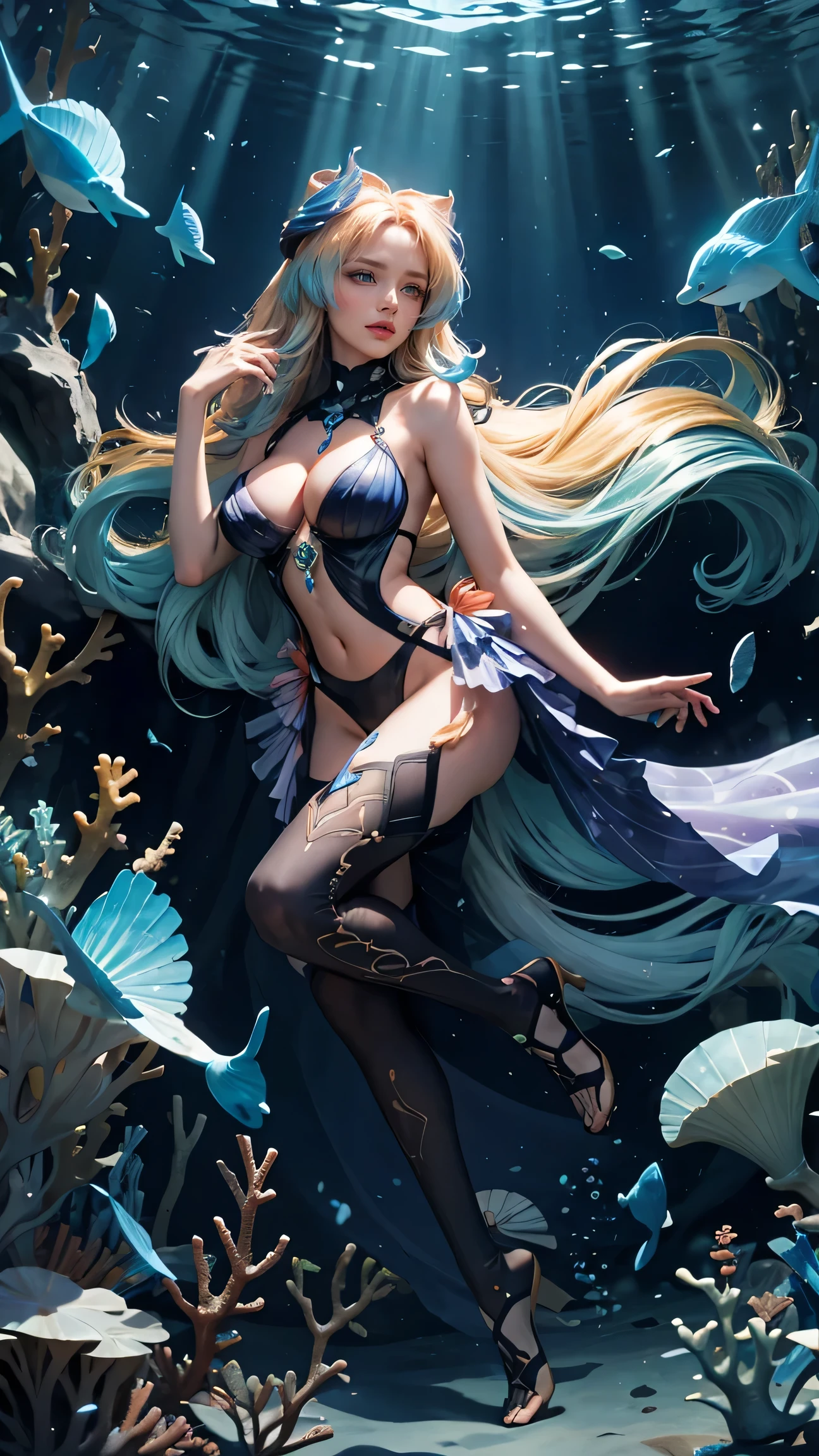 Best Best quality, masterpiece, ultra high res, raw photo, beautiful and aesthetic,deep shadow, dark theme,(photorealistic:1.4),
1girl, latex with frills, bodysuit, sexy pose, coral, underwater, on seabeds, Headdress, hair ornament, full of coral and sea element, drill hair, long hair, blonde hair, gradient hair, yellow eyes, solo, huge breasts, big hair, blue hair, tiara, divine goddess, looking at viewer, underwater palace, Seafoam, Buble, shells, Fish, pearls, conch, ocean floor, astraea, full body, kokomidef