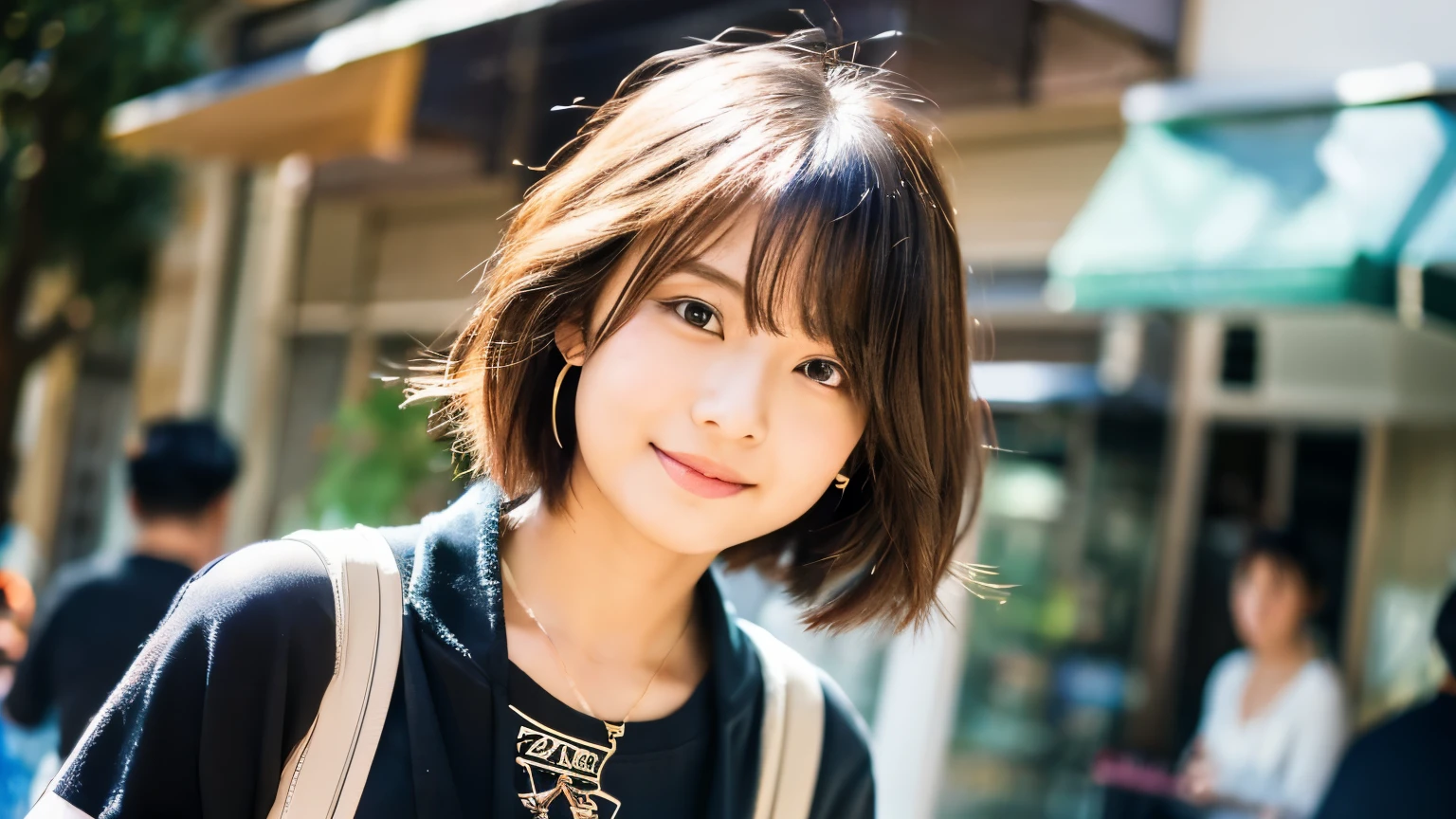 super high quality, Short Hair, Slender, Gravure photoshoot, The staff is working at the counter in the back., (8k、RAW Photos、highest quality、masterpiece:1.2), Japanese Idol, Shaggy, Sportswear, Stylish café, (Realistic、Photorealistic:1.37), Mesh Hair, Normal chest, Urban Cafe, Golden Ratio, Raw photo, Cute face , Light Brown Hair, Bright cafe interior, Blurred Background, Spring Clothes, A sweet expression, Watching the audience, Beautiful hairstyle, 20-year-old, Hair blowing in the wind, Neat clothes,