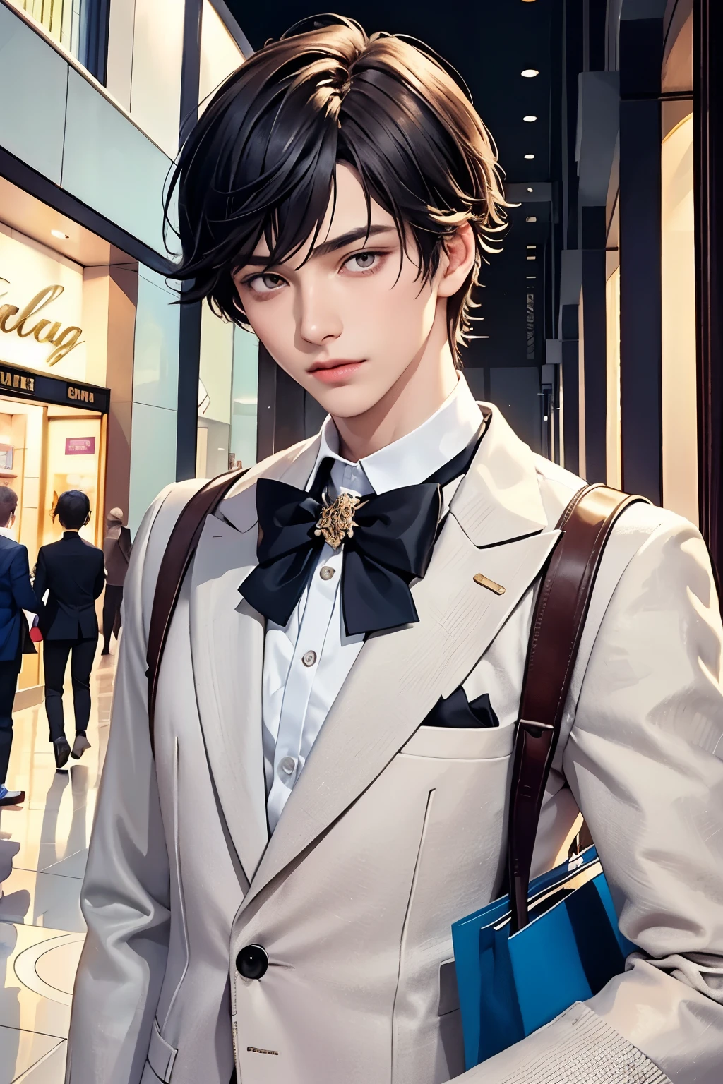 (masterpiece, top quality, best quality, official art, enchanting and aesthetic:1.2), (1 boy), smile face, male, guy, face focus, anime,  guy, young man , best fashion outfit on boy in shopping mall, formal fashion vibes, extremely detailed accessory, pale skintone (realistic art:1.3),highest detail, kenouji, Teeny, young man, male, short hair, close-up face, perfect face, extremely clean details, extremely detailed surrounding magnificent shopping mall, very clean details 